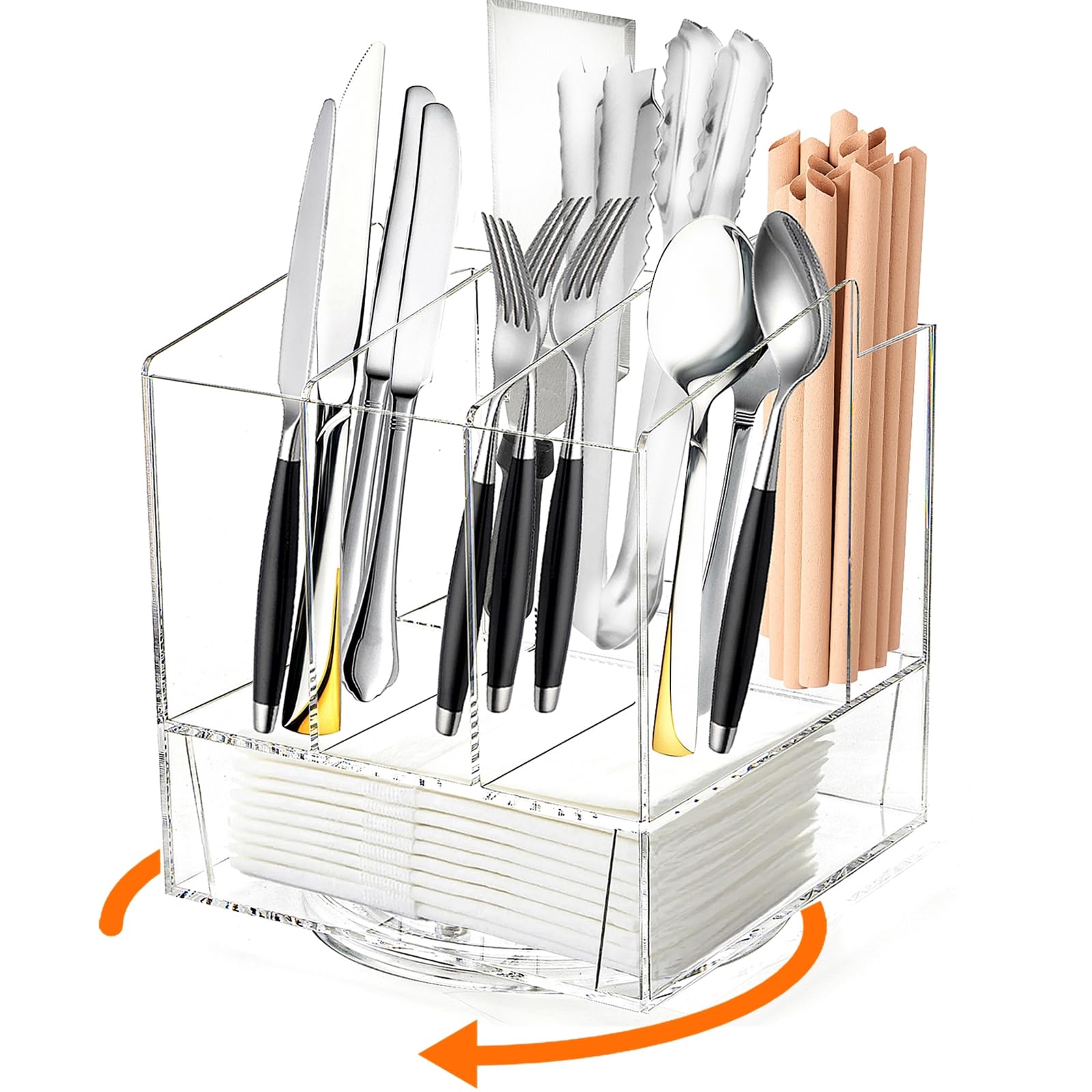 Swivel Utensil Holder, Acrylic Rotating Silverware Caddy Holder for Party, Countertop Flatware Caddy Cutlery Holder for Kitchen, Clear Napkin Holder Table Organizer Holds Fork, Spoon, Knife