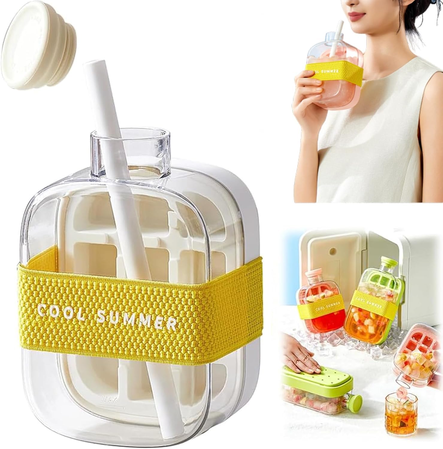 Ice Cube Bottle with Straw,2 in 1 Ice Cube Bottle,Portable Touch Free Ice Cube Trays, Press to Release Ice Tray for Home Ice Making, Outdoor Picnics, Office Use (White, 500ML)