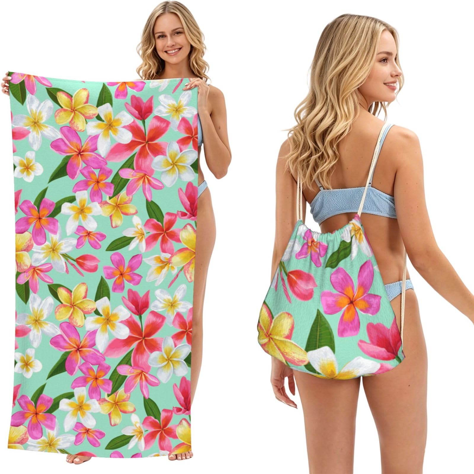 Poadnly As Picture Watercolor Tropical Flowers Floral Plumeria, 2 In 1 Packable Towel Bag, Beach Towels With Drawstring Backpack For Travel Holiday Camping