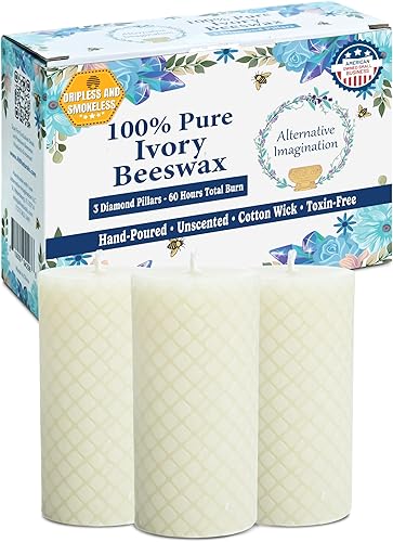 Alternative Imagination Velas de pilar de diamantes de cera de abeja, paquete de 3 velas sin perfume de 2 x 4 pulgadas, vertidas a mano, color Blanco
