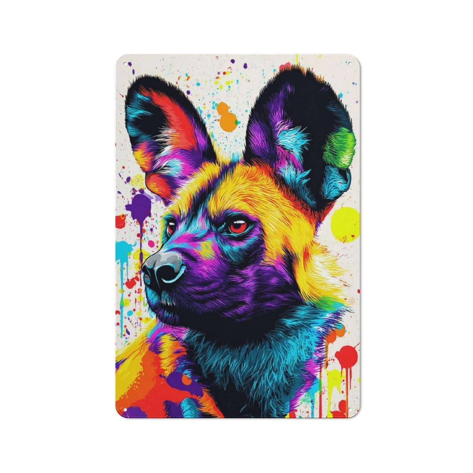 Tin Wall Plaque 30x20cm with Colorful Wild Dog Portrait -2 for Hallway Wall, for Home Interiors, Feature Walls And Decorative Displays
