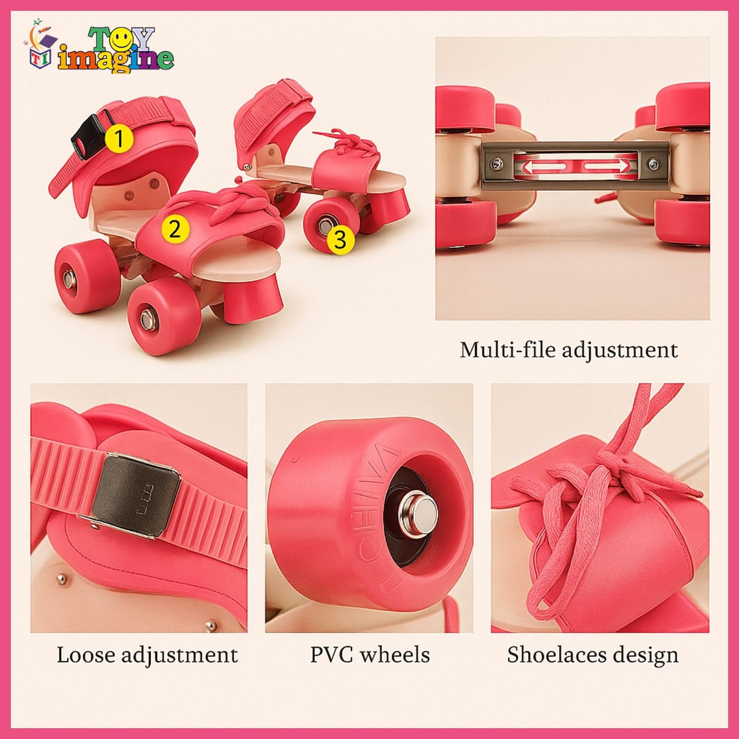 Toy Imagine Adjustable Inline Roller Skates for Kids Girls Age 4–12 | Beginner-Friendly Skating Shoes with Front Brake & Polyurethane Wheels | Skates for Boys & Girls 4+ Years (Pink, Size 5–12 UK) 2