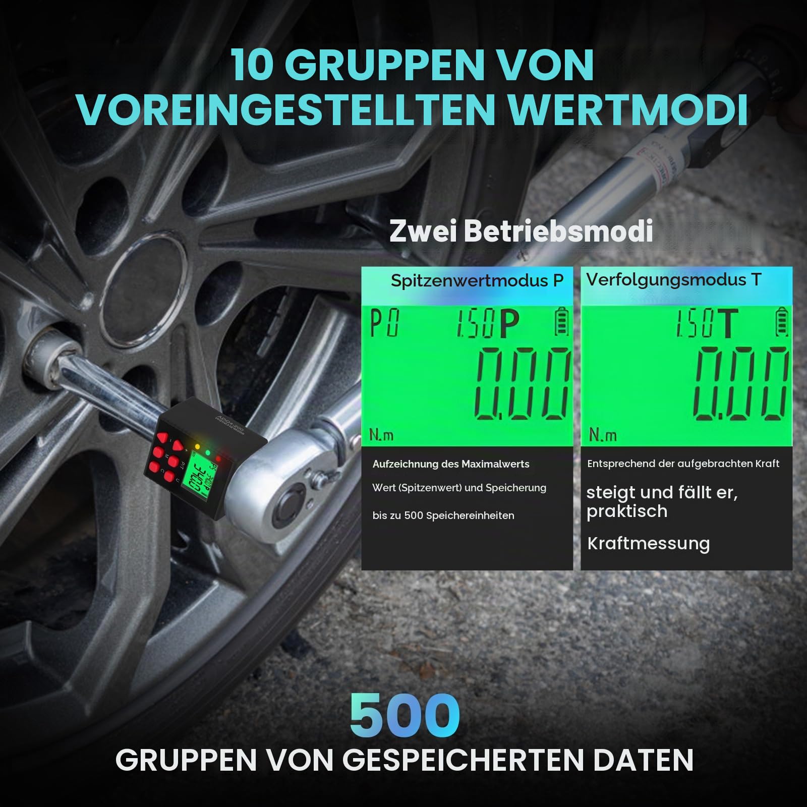 Digitaler Drehmomentadapter 1/2 Zoll, 3,4 – 340Nm Drehmoment Digital Adapter, Genauigkeit ± 1% mit Voreingestellter, Speicher, Summer, LCD Anzeige, 1/4" 3/8" Adapter für Auto, Motorrad, Fahrrad