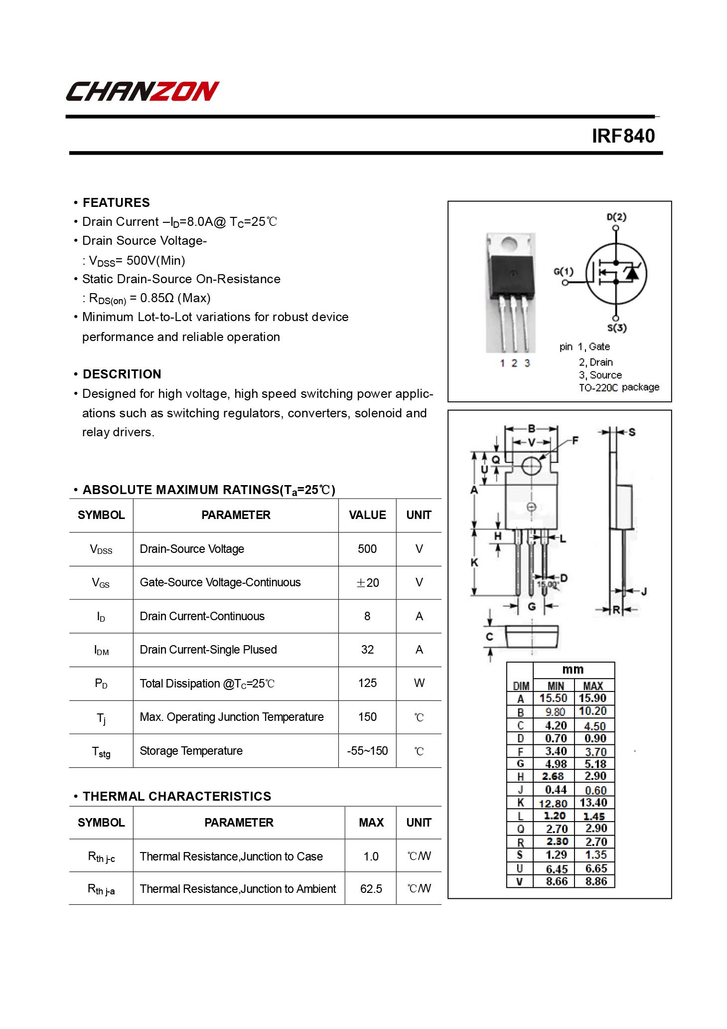 10PCS IRF840 IRF840PBF MOSFET di potenza a canale N