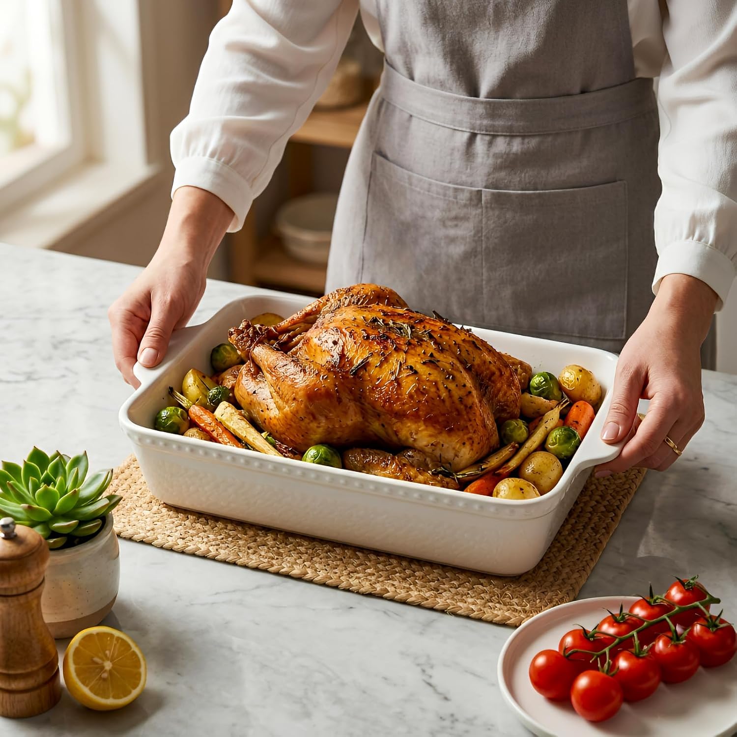 9x13 Ceramic Baking Pan for Oven - 4.2 QT Large Casserole Dish, Rectangular Off White Baking Dish for Cooking, Deep Lasagna Pan with Handles & Large Roasting Pan Bakeware