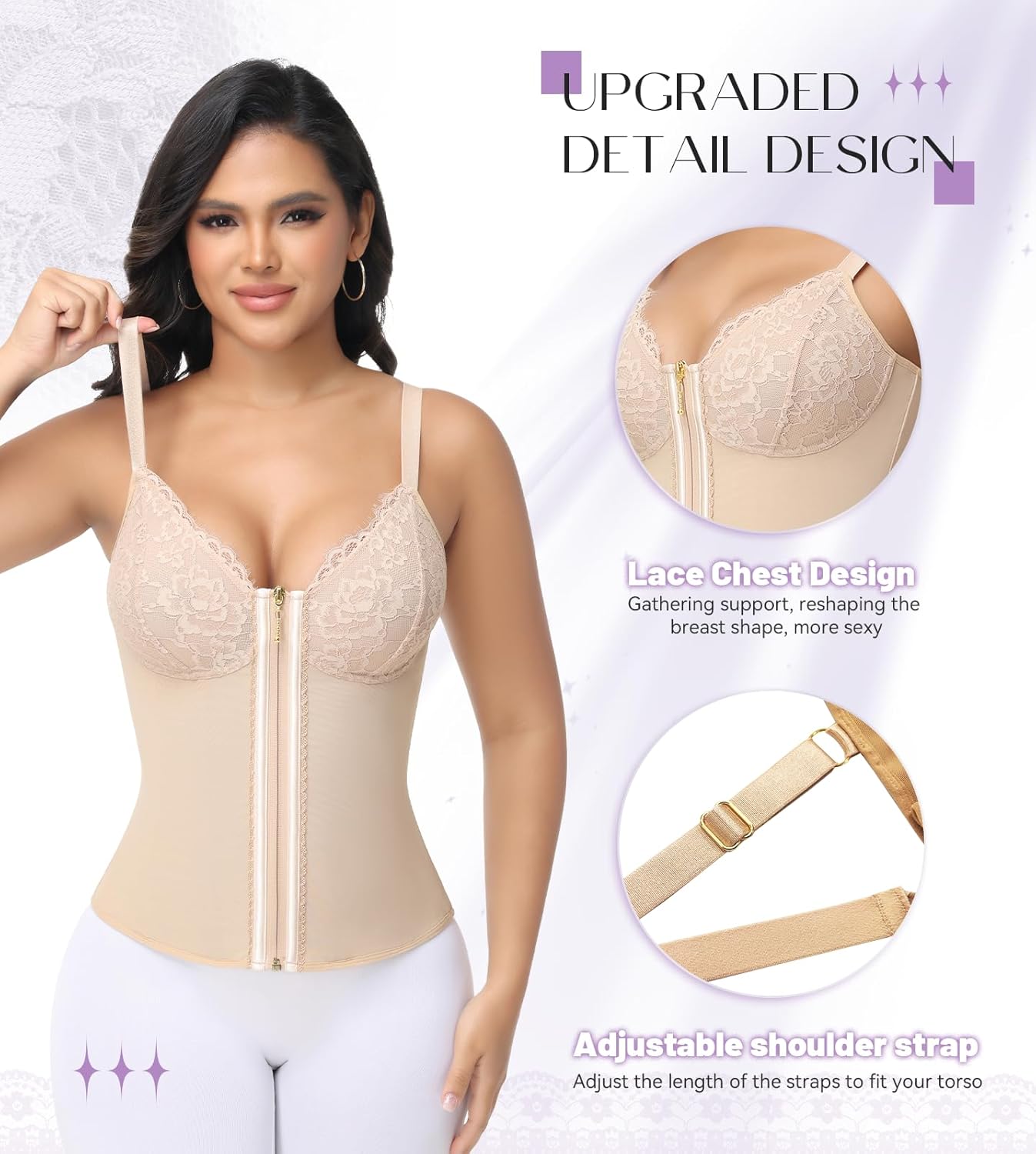 SHAPSHE Waist Trainer for Women Tummy Control Corset Shapewear Workout Waist Cincher Faja Body Shaper with Lace Bra Tan - Image 3