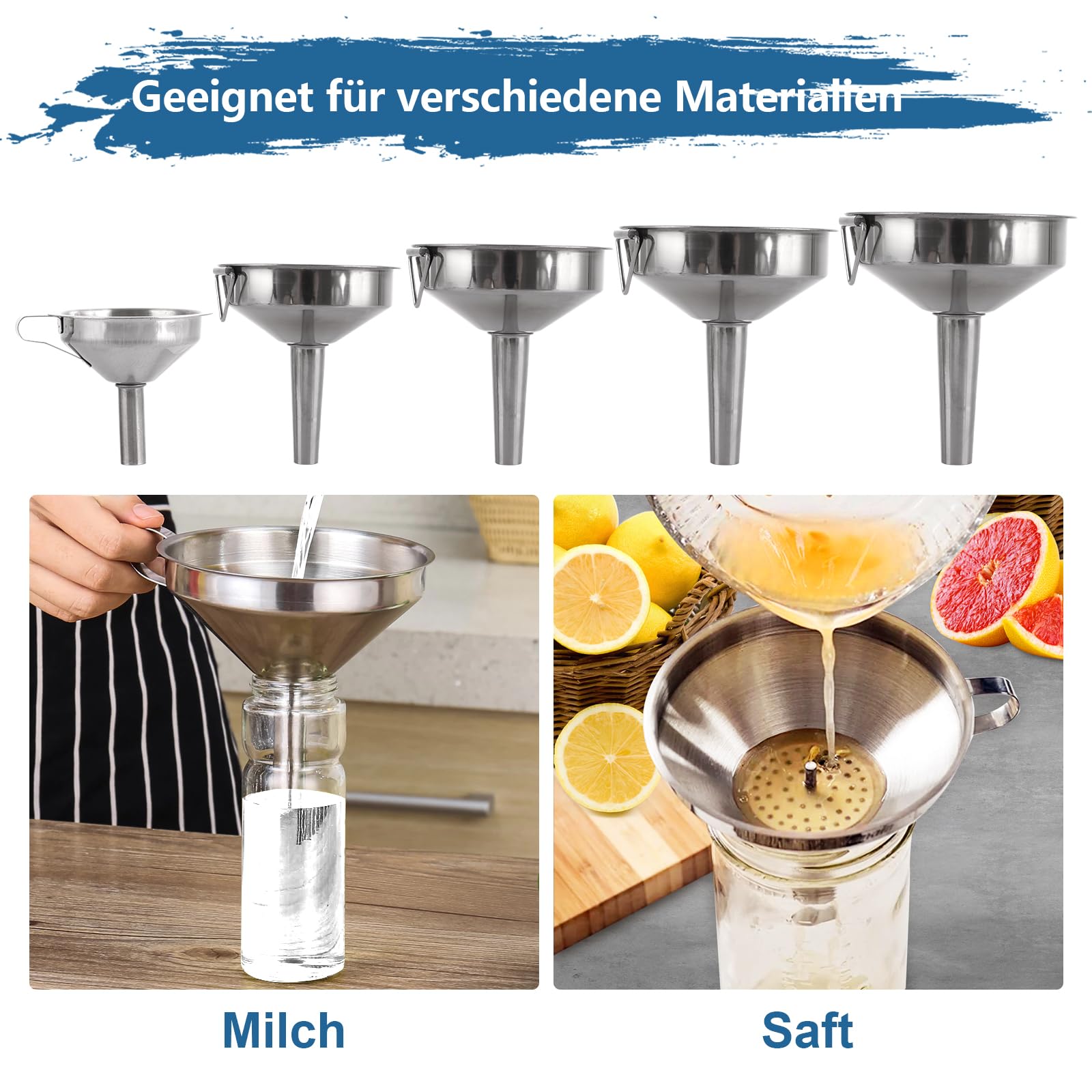 ASelected 5 Stück Edelstahl Trichter Set Trichter Edelstahl Küche Trichter mit Griff Marmeladentrichter mit Sieb Filter Reinigungsbürste zum Übertragen von Flüssigkeiten Öl Saft Marmelade Pulver