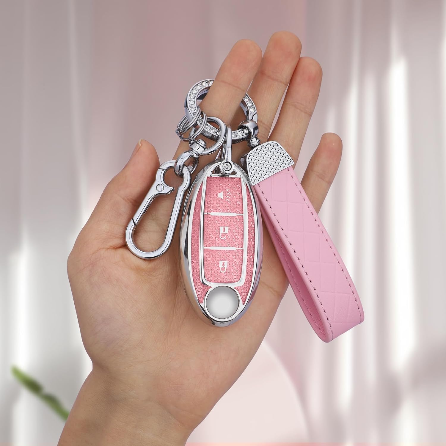 for Nissan 3 Buttons Key fob Cover, Soft TPU Keys Protector Bling Key Fob Keychain for Rogue Armada Pathfinder Versa Smart Key, Silver Pink