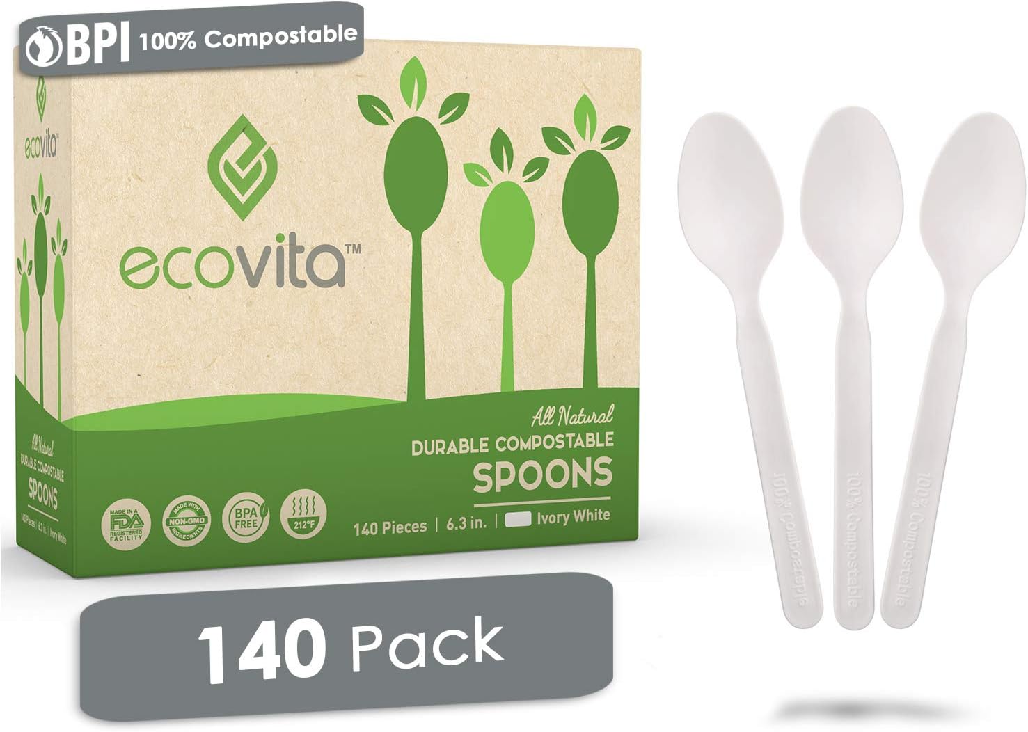 - 100% Compostable Spoons - 140 Large Disposable Utensils (6.3 in.) Eco Friendly Durable and Heat Resistant Alternative to Plastic Spoons with Convenient Tray