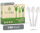 Ecovita 100% Compostable Spoons - 140 Large Disposable Utensils (6.3 in.) Eco Friendly Durable and Heat Resistant Alternative to Plastic Spoons with Convenient Tray