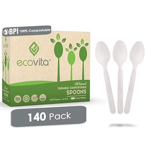 Ecovita 100% Compostable Spoons - 140 Large Disposable Utensils (6.3