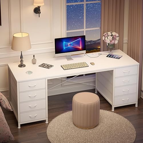 Miniatura 9 de Escritorio para computadora de 60 pulgadas con 8 cajones, escritorio de oficina en casa con tomas de corriente, escritorio de estudio de trabajo