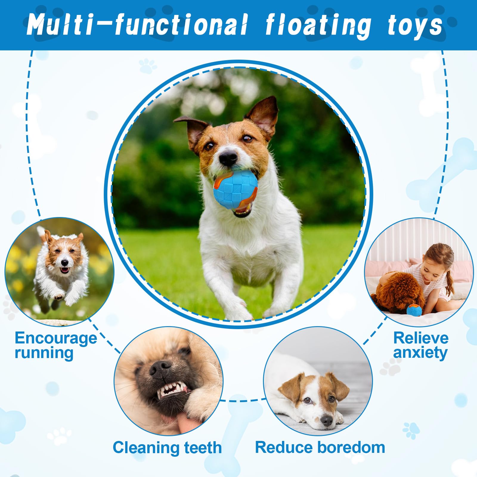 MEWTOGO 4 juguetes flotantes para piscina para perros, juguetes de agua chirriantes y brillantes para perros, juguetes interactivos de TPR seguros y duraderos para masticadores agresivos, perros