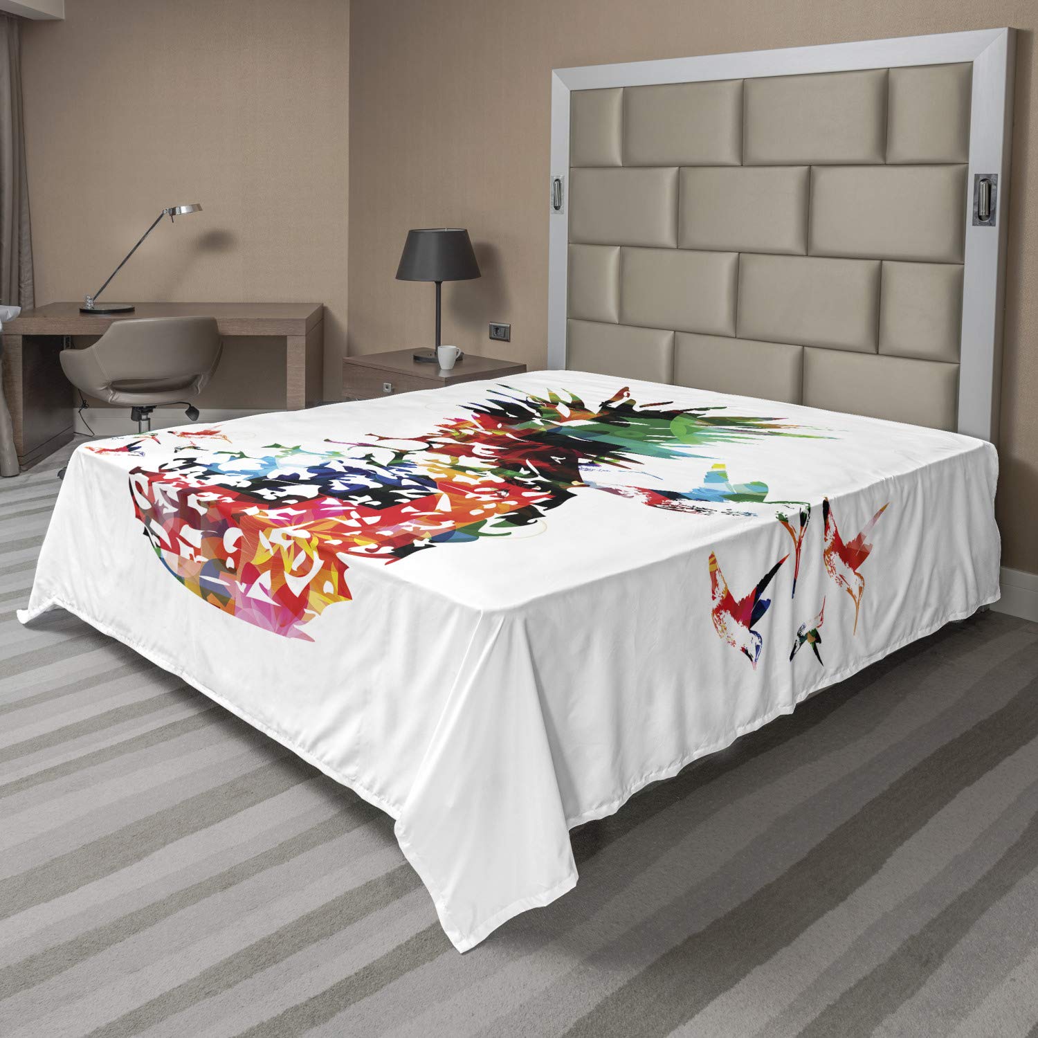 Ambesonne Pineapple Flat Sheet, Geometric Pineapple Bursting into Scattering Birds Flight Modern Abstract Print, Soft Comfortable Top Sheet Decorative Bedding 1 Piece, Queen Size, Multicolor