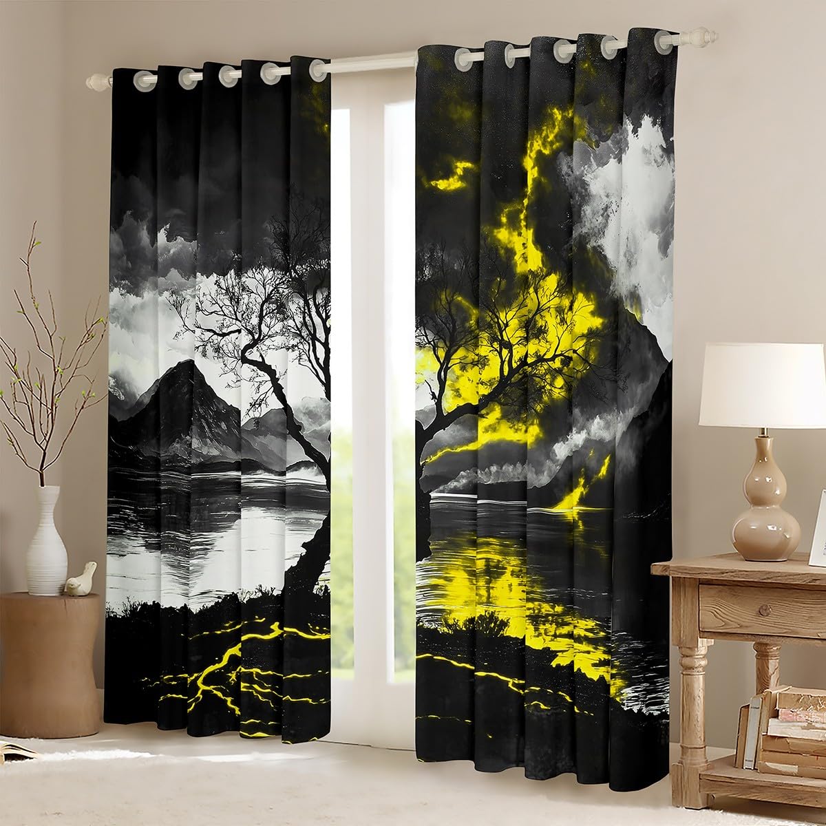 Feelyou Tree of Life Curtains Grey Yellow Tree Window Drapes Treatments for Kids Boys Girls Nature Landscape Window Drapes Mountain Lake Plant Window Treatments, 52W X 90L,2 Panels,30%-50% Blackout