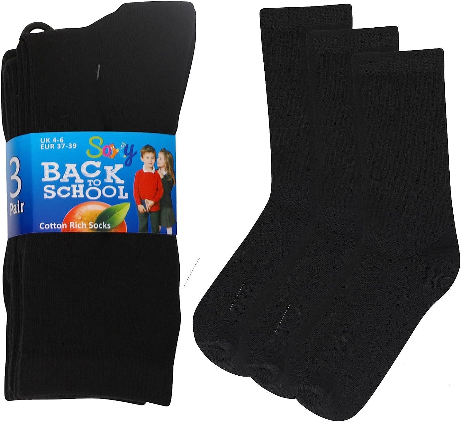 Soxy Boys Black 12 Pairs /Girls Ankle Cotton Rich Plain School Socks Shoe, Uk 4-6 (Eu 37-39),
