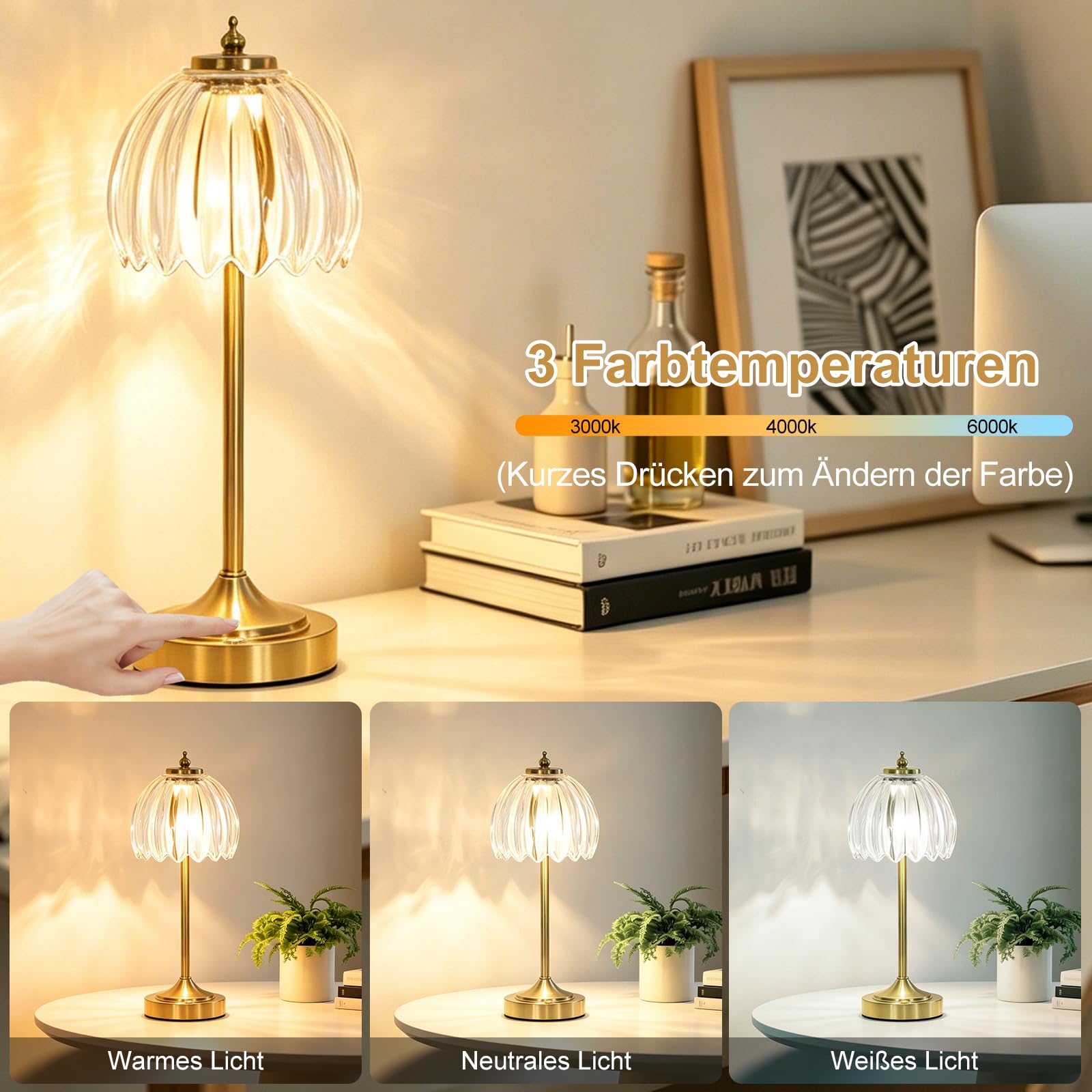 LED Vintage-Nachttischlampe Dimmbar, 3CCT, Kabellos Tischleuchte mit Retro-tulpenförmigen Glasschirm Akku Atmosphäre USB Aufladbar, Touch-Steuerung, kleine Nachtlicht für Schlafzimmer Wohnzimme