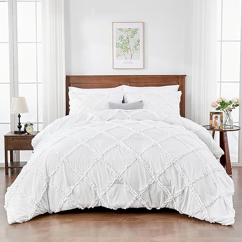 Miniatura 2 de DECMAY Juego de edredón blanco de cama en una bolsa, tamaño King, 7 piezas, juego de ropa de cama de granja con volantes geométricos, juego de