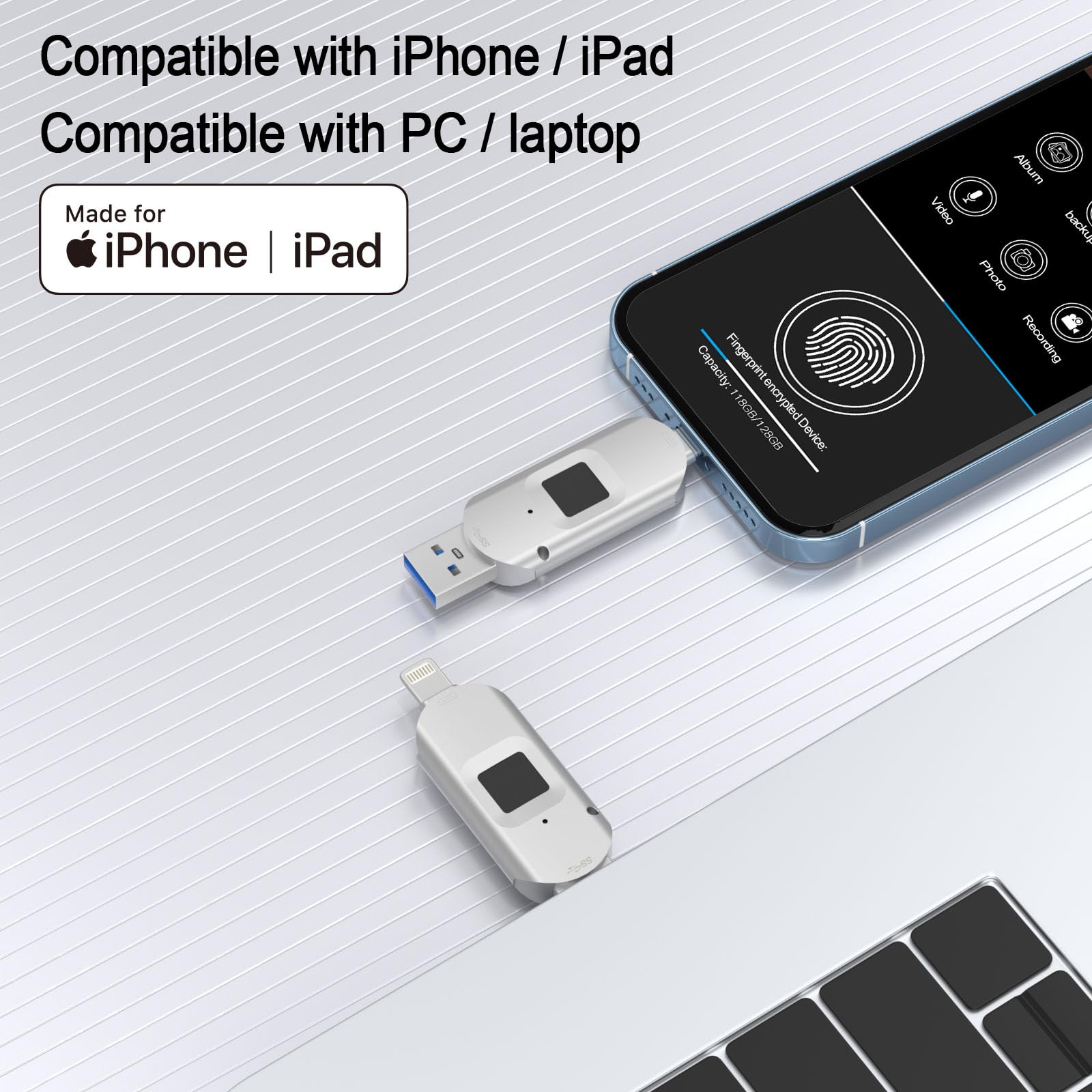 iphoneデータを指紋認証でデータ暗号化 iOS対応 指紋認証 USB 64GB フラッシュ メモリ 2ポート対応 高速