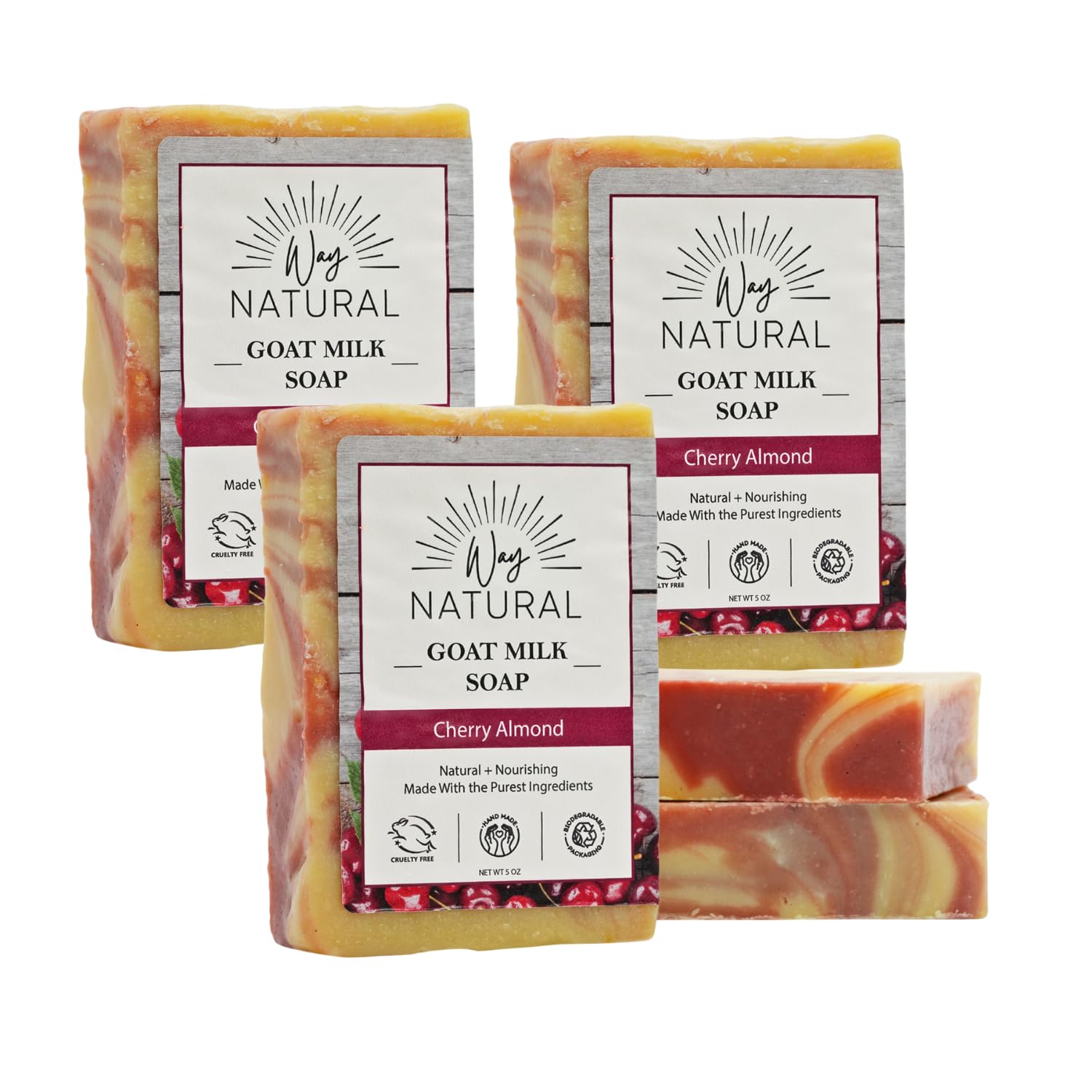 Goat Milk Soap Bar (5 Pack, Gifts/Bulk) - Cherry Almond Soap for Men & Women - Natural, Handmade w/Real Milk - Dry Skin, Hands/Body - Premium, Gentle, No Dyes - (Large, 5oz)