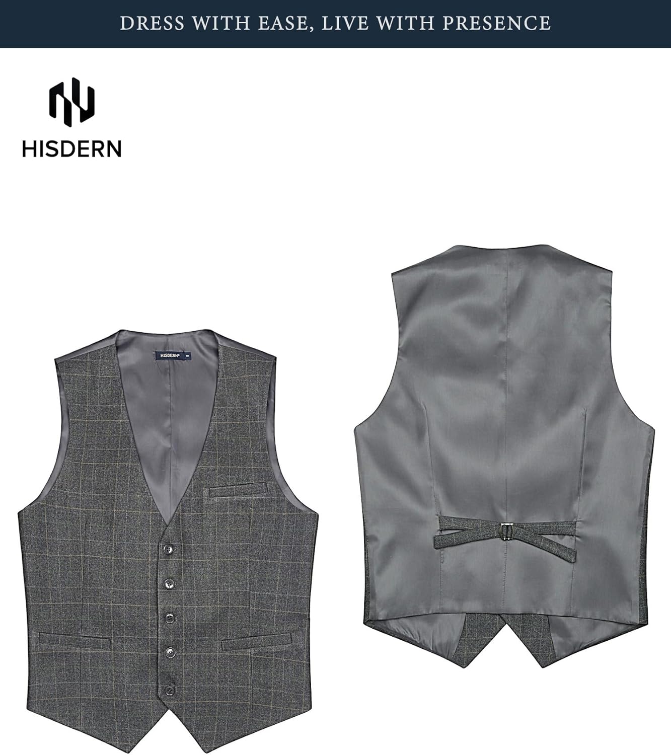 HISDERN Men's Suit Vest Plaid Dress Vest for Men Slim Fit Formal Business Waistcoat Tuxedo V-Neck Solid Vest for Wedding