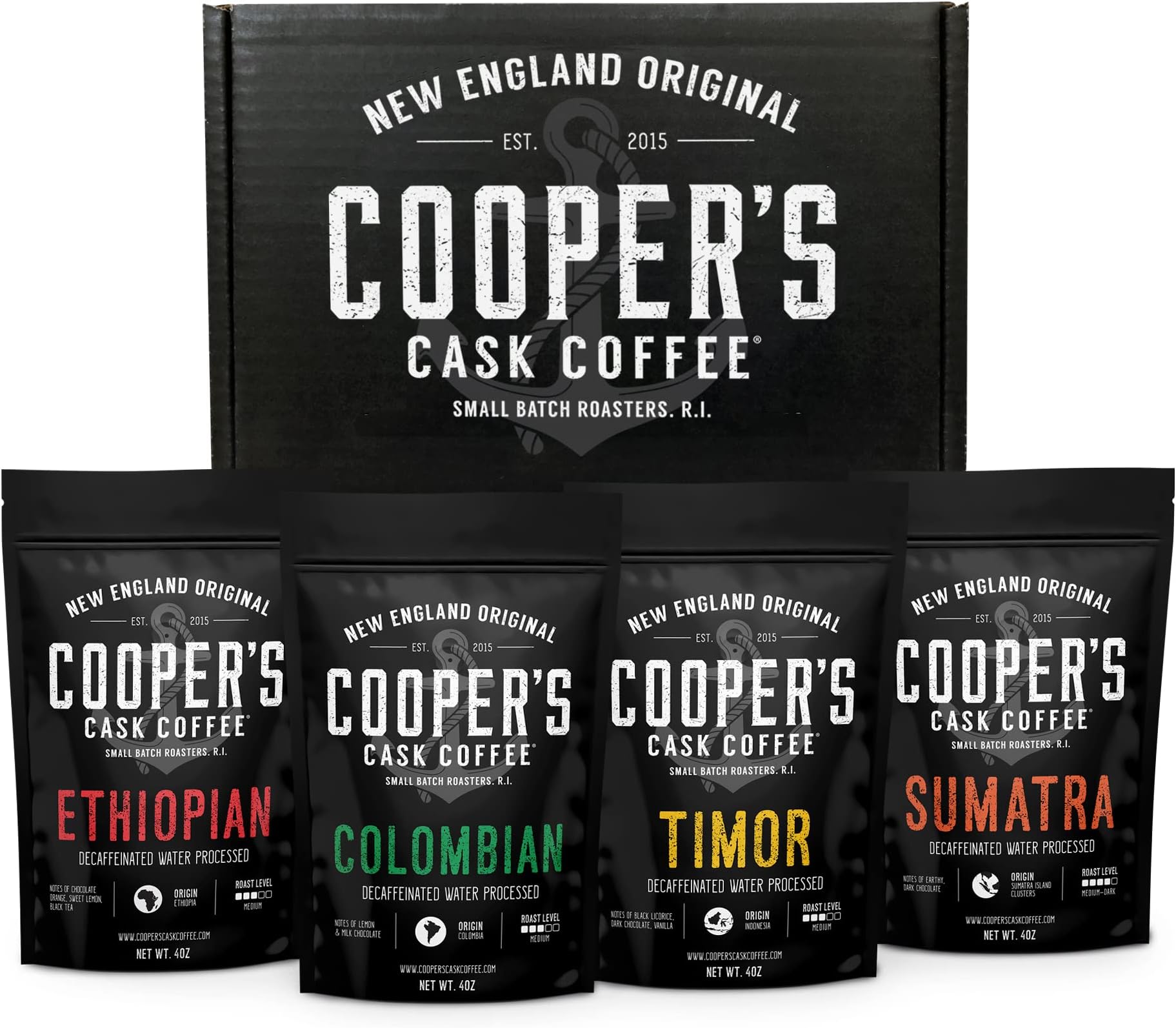 Decaffeinated Gourmet Sampler Gift Box Set | 4 bags | 1lb Total | Ethiopian, Colombian, Timor, Sumatra 1lb Total (Whole Bean (Decaf))