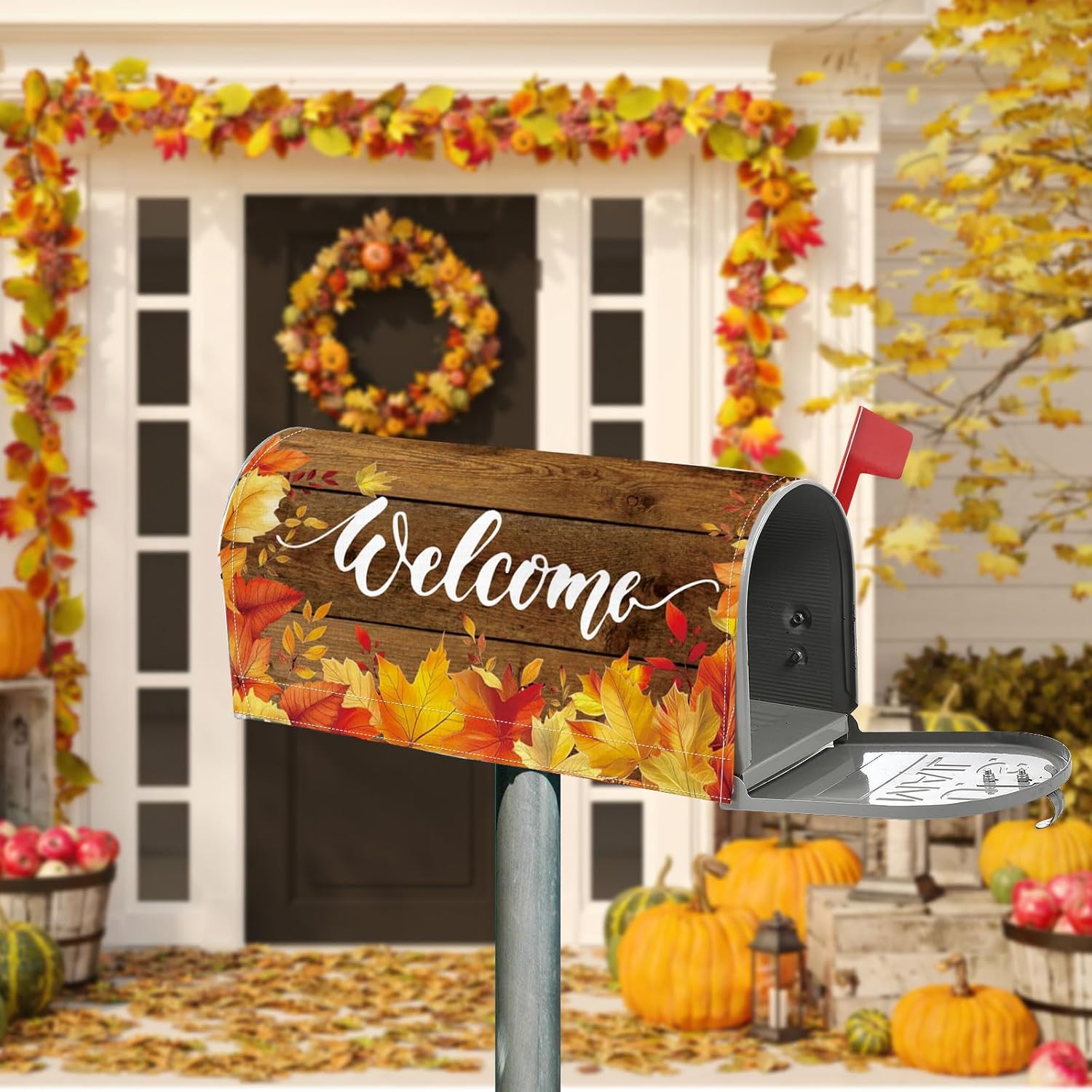 Blosssound Fall Mailbox Cover Magnetic Thanksgiving Post Box Decor Standard Size 20 x 18 Inch Decorative Mailbox Cover for Thanksgiving Autumn Harvest Garden Yard Decoration(Maple Leaf)