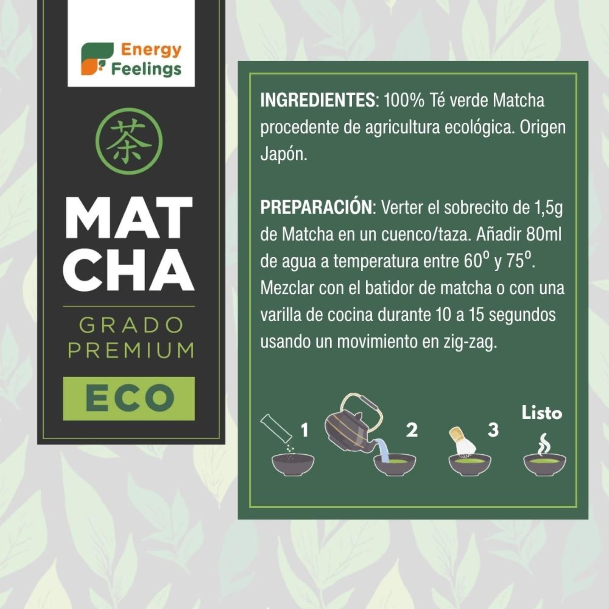 Energy Feelings Té Matcha en Polvo Premium, Pack 36 Sticks Té Verde Matcha Japonés Orgánico Puro, Rico en Antioxidantes Naturales, Green Tea Powder, Ideal para Latte, Vegano, Sin Gluten, Sin Lactosa