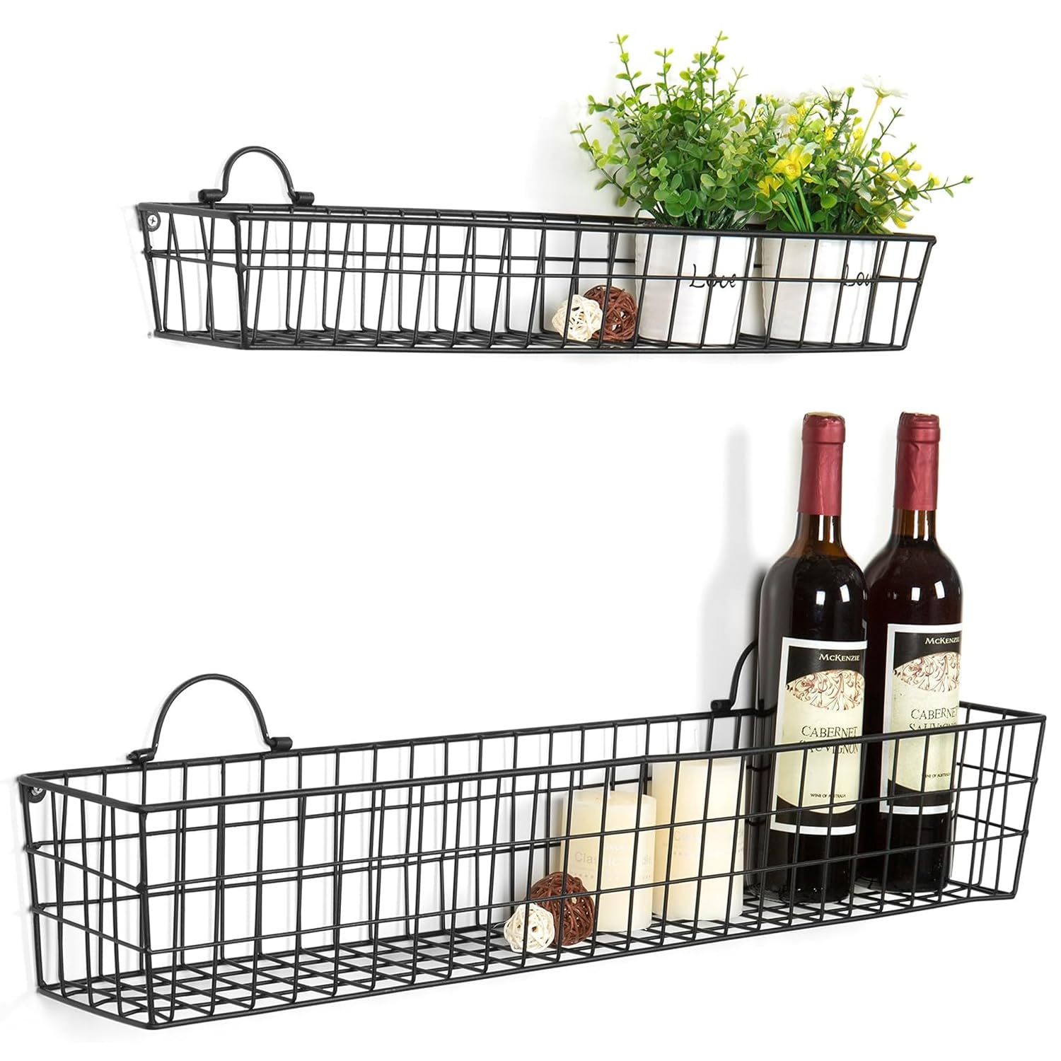 MyGift 2pcs 30-Inch Wire Baskets for Storage and Organization, Rustic Black Wall Mounted Metal Display Racks
