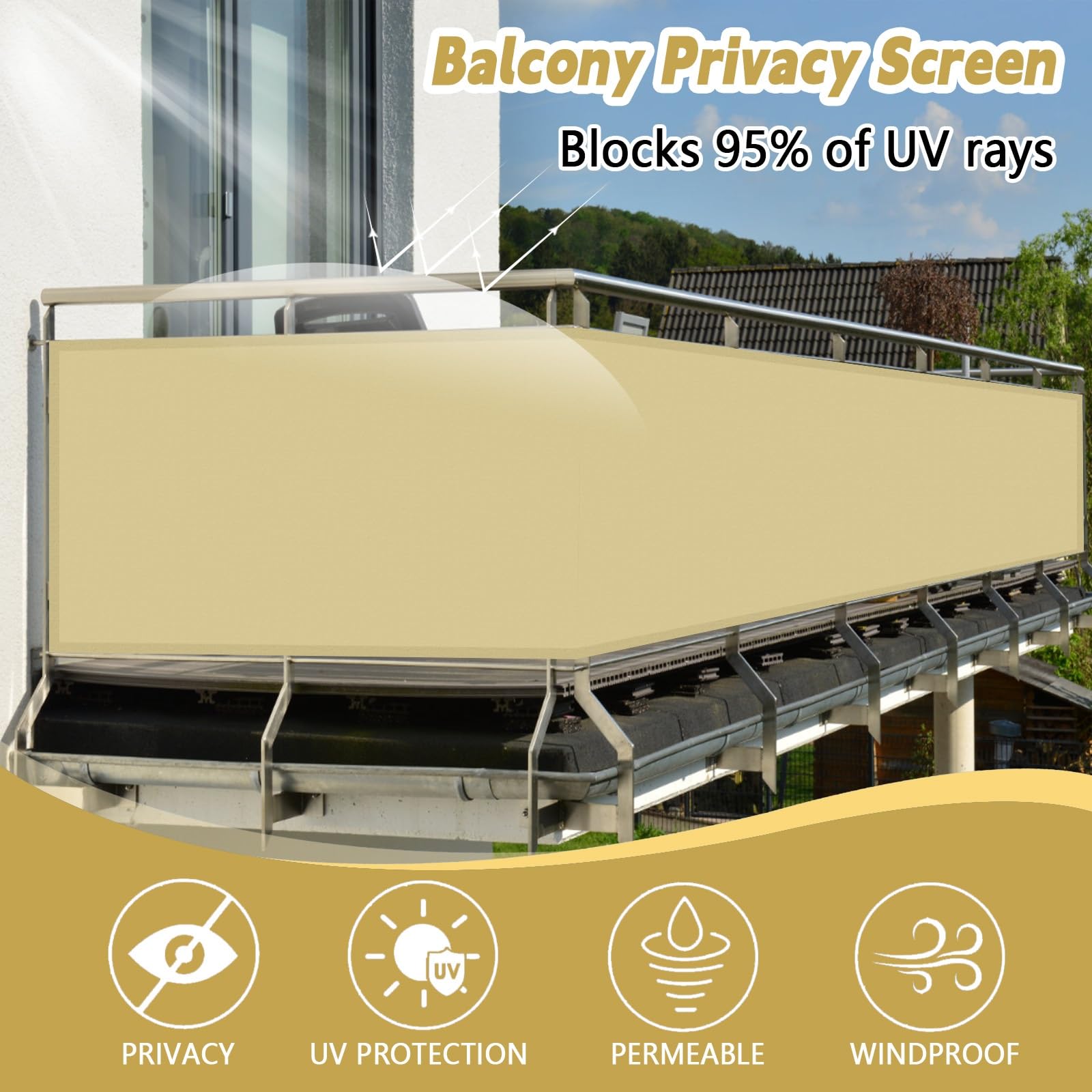 Copri Ringhiera Balcone 0.8 x 8 m Impermeabile Frangivento Protezione UV Telo da Esterno Giallo Sabbia