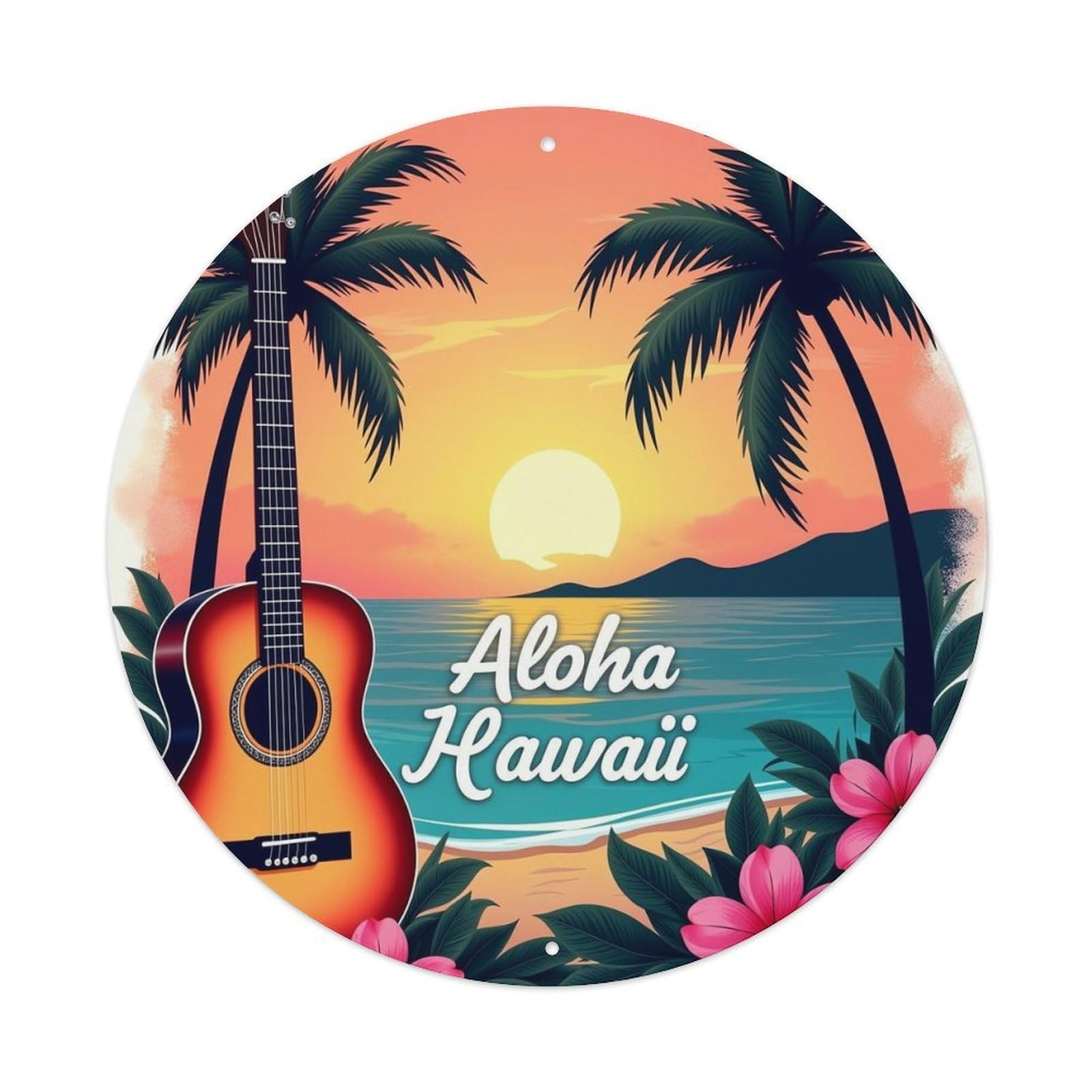 Aloha Hawaii Guitar Palm Flowers Metal Tin Sign Plaque