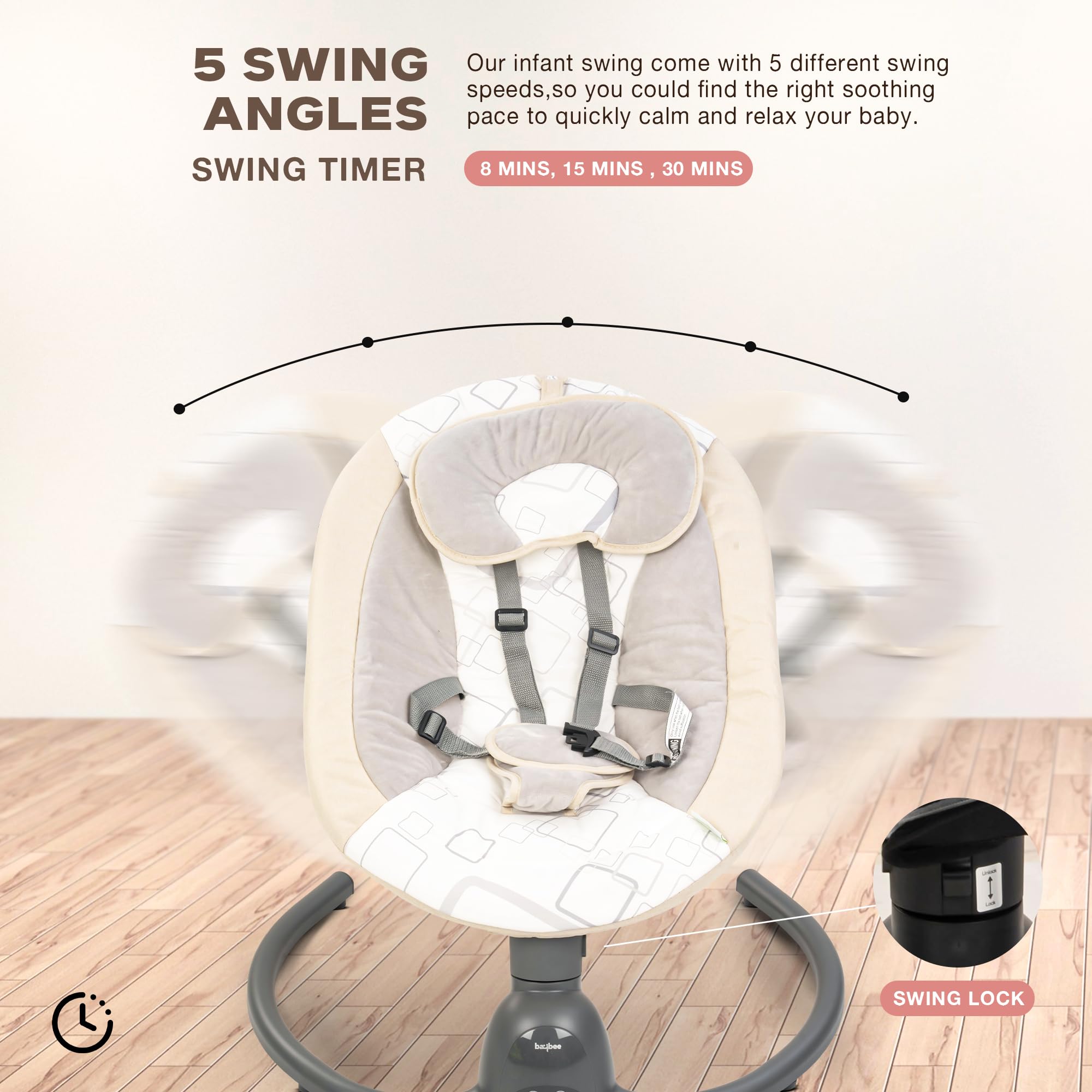 BAYBEE Plastic Automatic Electric Swing Cradle for New Born Baby with Adjustable Swing Speed, Remote | Infant Rocker, with Mosquito Net, Safety Belt, Music, & Toys | Swing for Baby (Beige) - Image 3 thumbnail