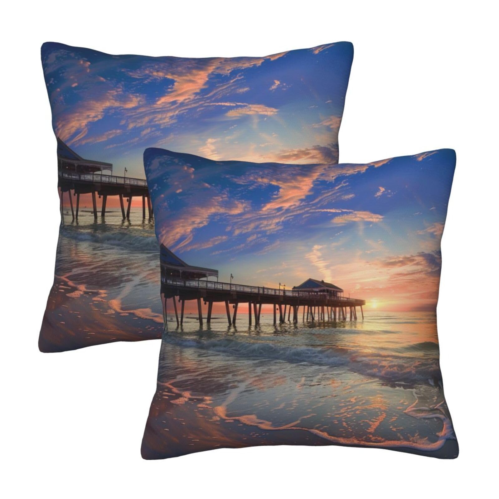 kkvhhyuo sunset at the beach bridge Print Pillow Covers Set of 2, Square Decorative Cushion Covers with Hidden Zipper, Throw Pillow Cases for Living Room Sofa Bed Chair, 45x45 cm