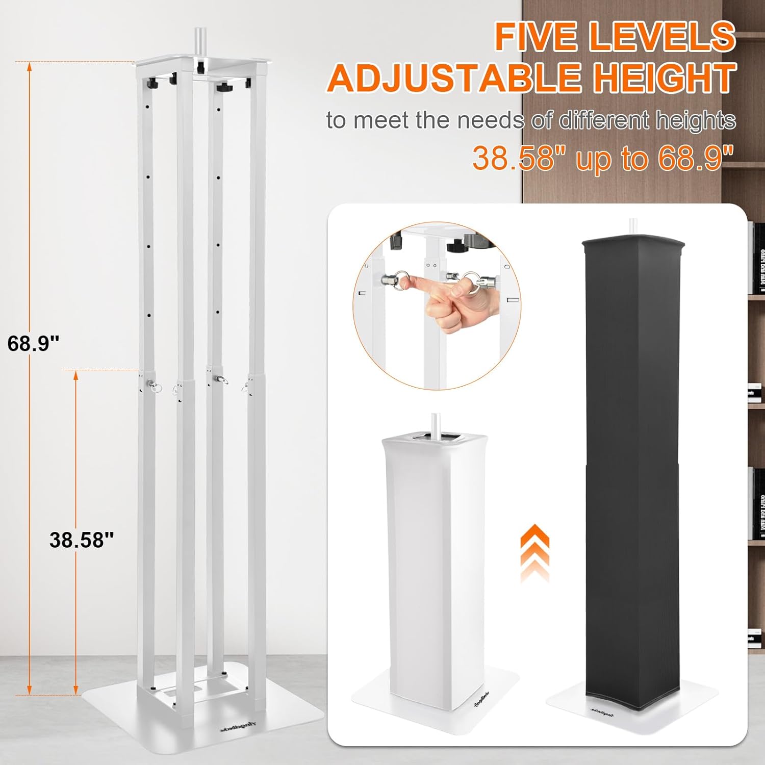Adjustable Moving Head Light Totem Stands. Totem Light Stand, Adjustable 38.58-68.8 in, Black/White Scrims, Carry Bags, 35mm Speaker Mount, for for DJs & Event Lighting