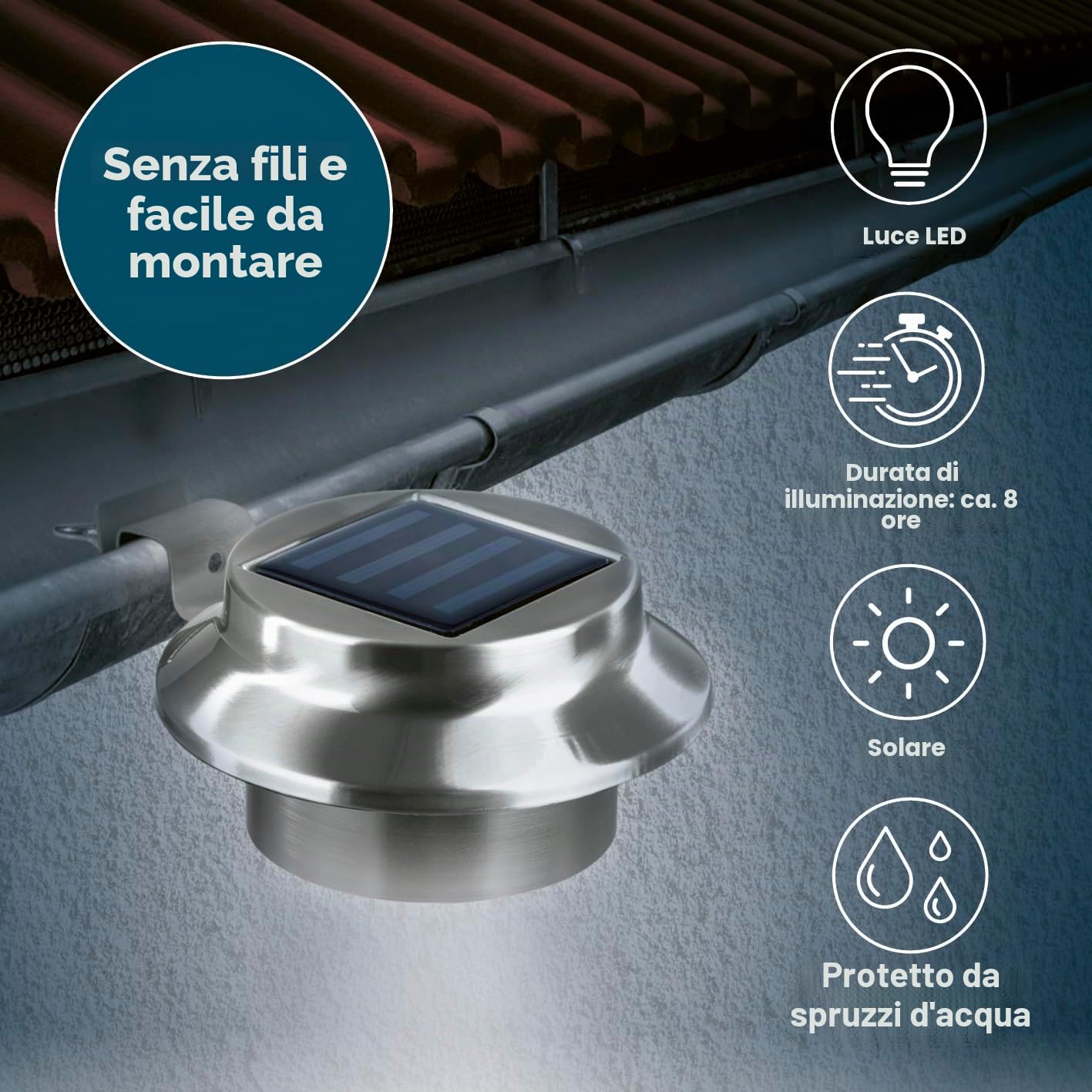 EASYmaxx 03612 Illuminazione solare per grondaie e recinzioni da giardino | Acciaio inossidabile | Set di 3 | Illuminazione per esterni | Wireless | illuminazione, batterie, ferro;abs