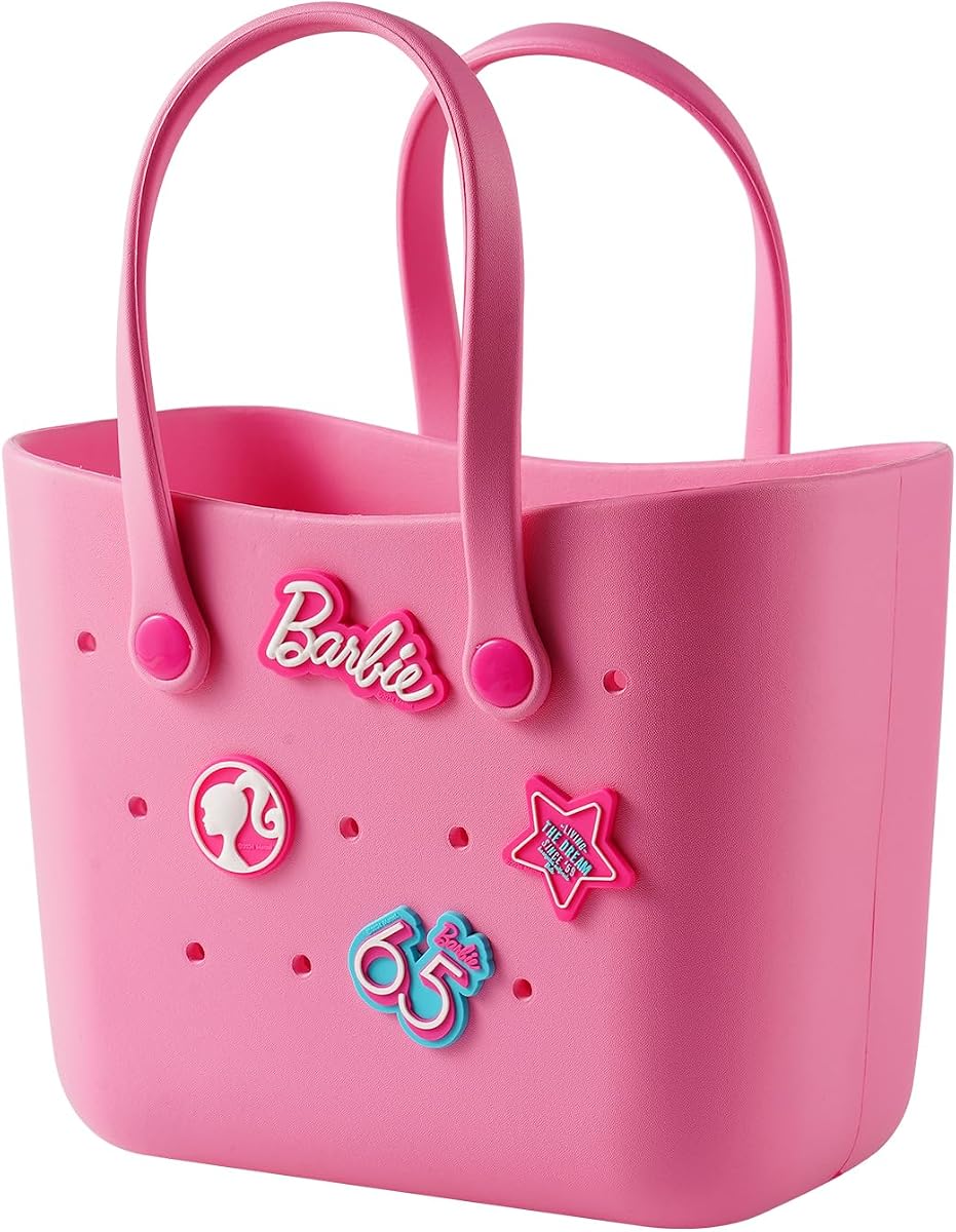 MINISO Barbie Tote Bag, Reusable Small Rubber Waterproof Bag, Cute Design Practical And Portable Handbag for Work Travel (PINK)