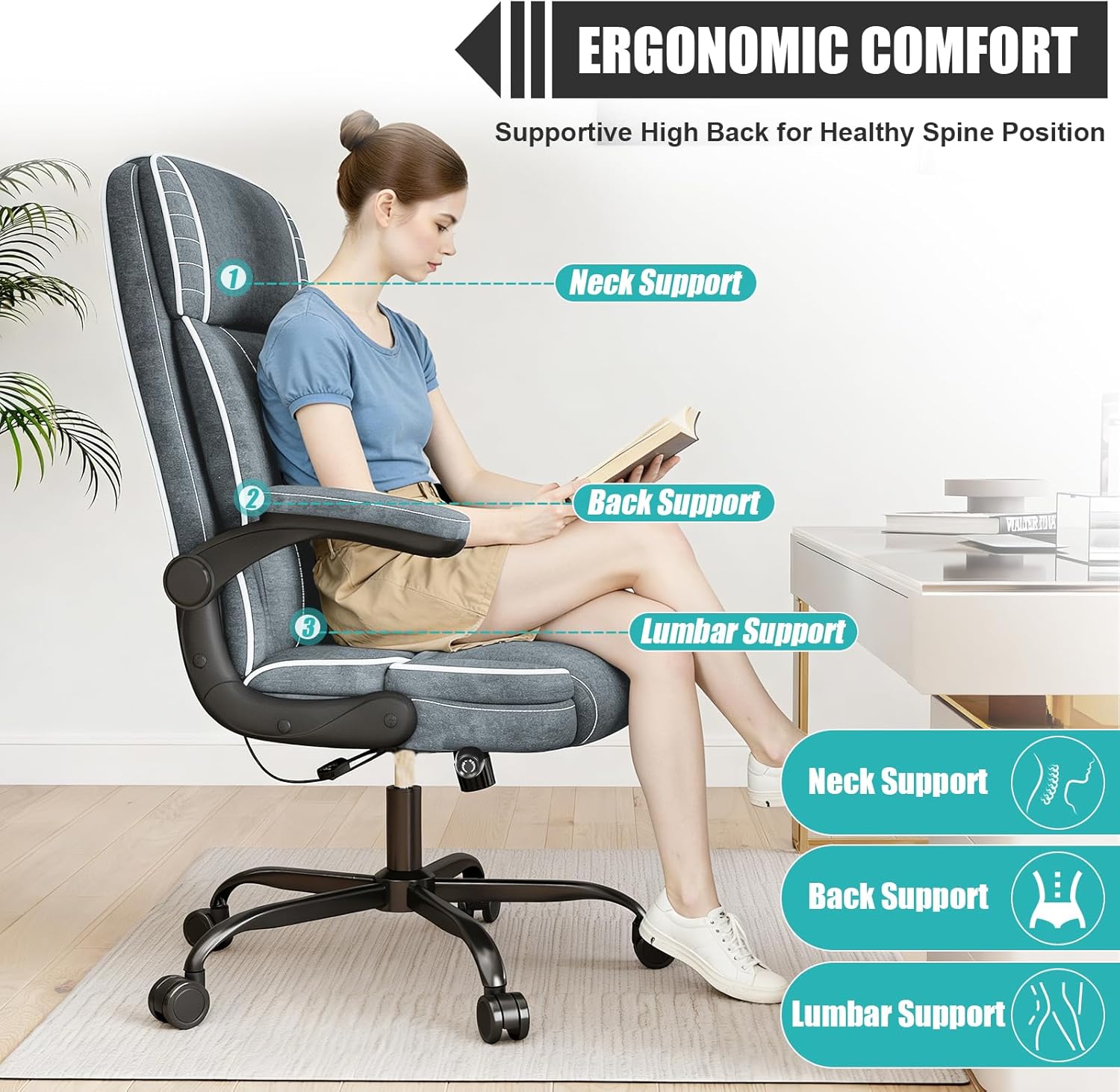 Big and Tall Office Chair with Adjustable Lumbar Support,Breathable Fabric High Back Desk Computer Chair with Adjustable Flip-up Armrests,Ergonomic Swivel PC Chair with Rocking Function