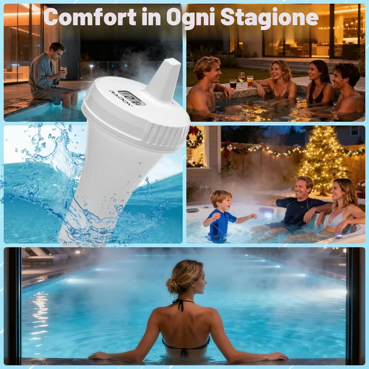 Raddy PT-3 Wi-Fi Termometro per piscina galleggiante, monitoraggio remoto tramite APP, Ampio display digitale di facile lettura, con 2 sensori aggiuntivi, per piscine interne ed esterne