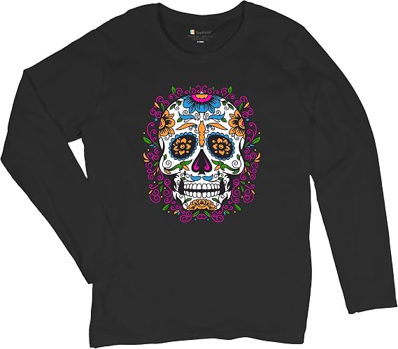 Floral Sugar Skull Day of The Dead Women's Long Sleeve T-Shirt Calavera Muertos