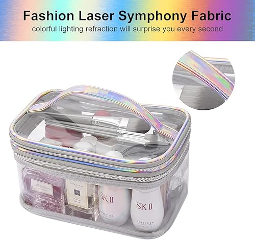 Miniatura 7 de Lermende Bolsa de maquillaje transparente, bolsa de maquillaje transparente de 2 capas para viajes, bolsa organizadora de maquillaje portátil