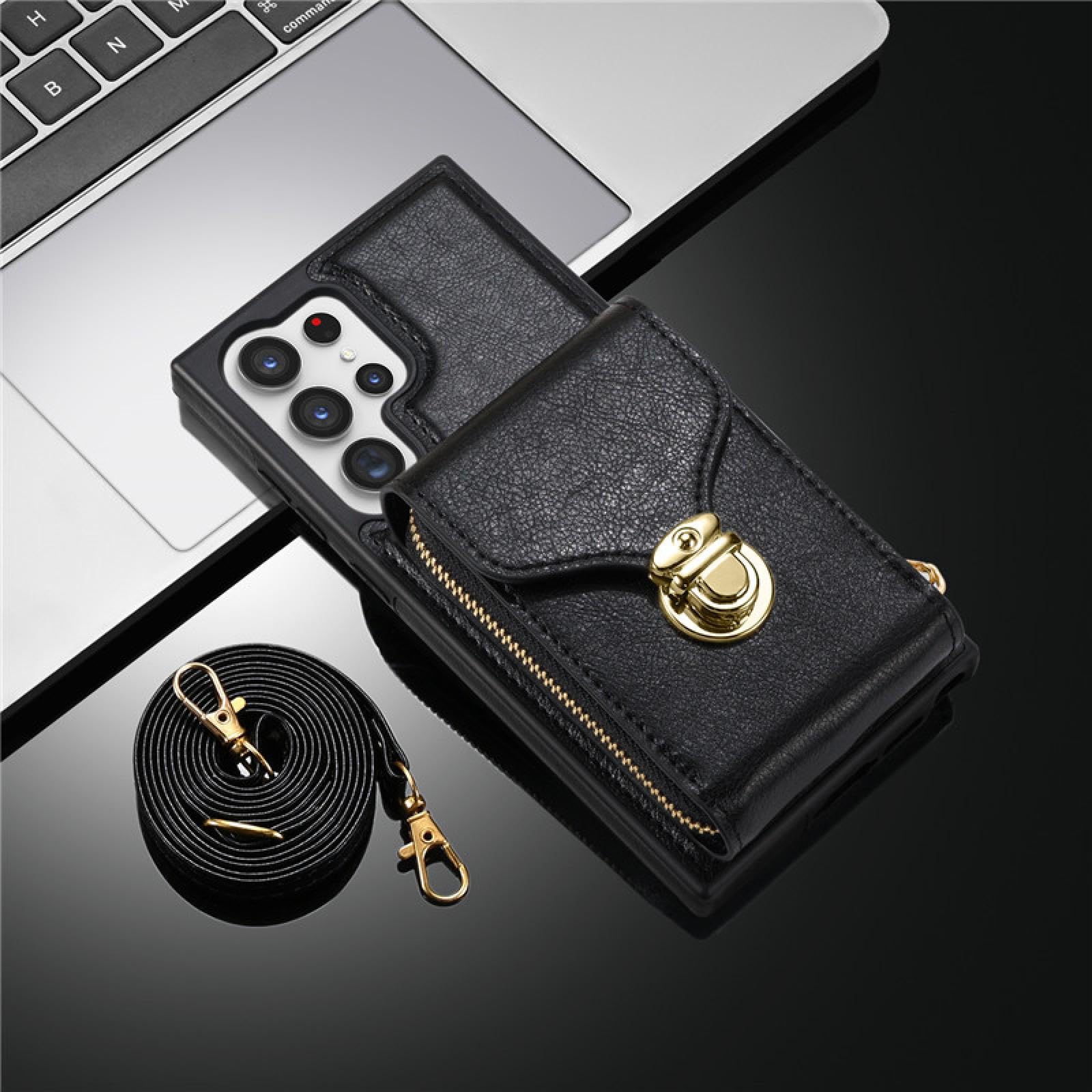 Per Samsung S23 Custodia in pelle con cerniera e laccio per telefono (per Samsung S23/nero)