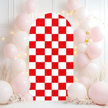 Wedding Arch Backdrop Cover 7.2FT Chess Board Red White Checkered Red White Decoration Checkered Tiles Spandex Fitted Arch Cover Round Top Stands Cover for Birthday Party Ceremony Banquet Decoration