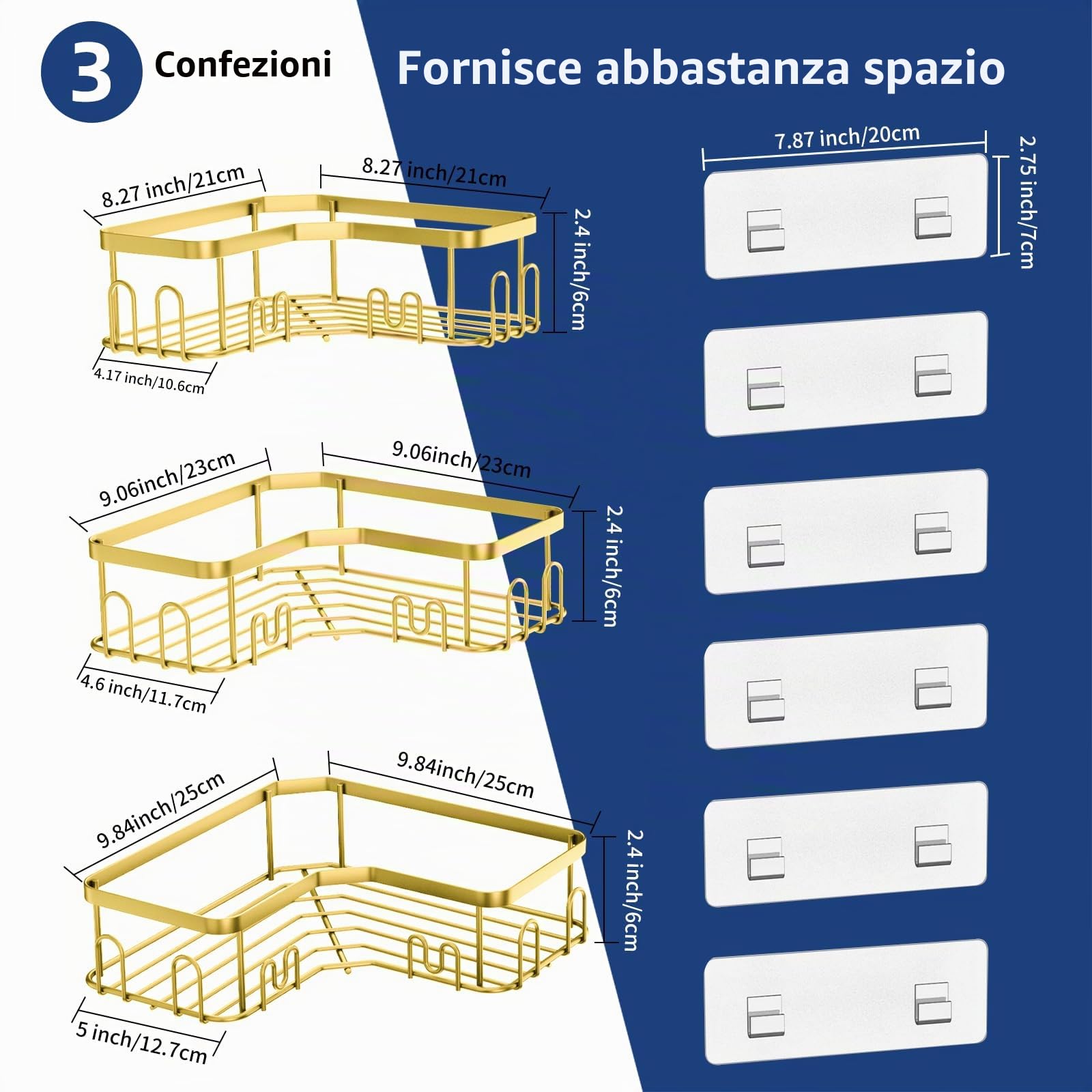 Menbyci Confezione da 3 mensole angolari per doccia, mensole adesive da bagno con 18 ganci, organizer per doccia senza trapano e ad asciugatura rapida con grande capacità, in acciaio inossidabile