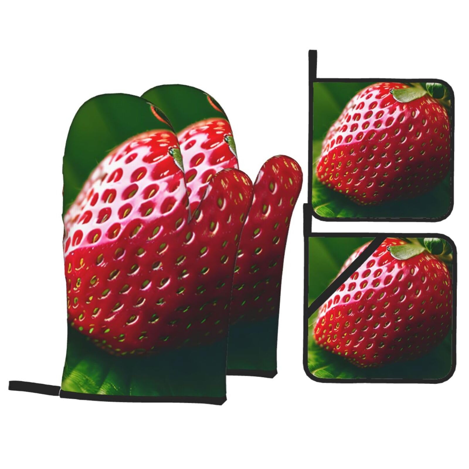 Strawberry Print 4-Piece Heat-Resistant Oven Waterproof Kitchen Gloves Cooking Roasting Essential
