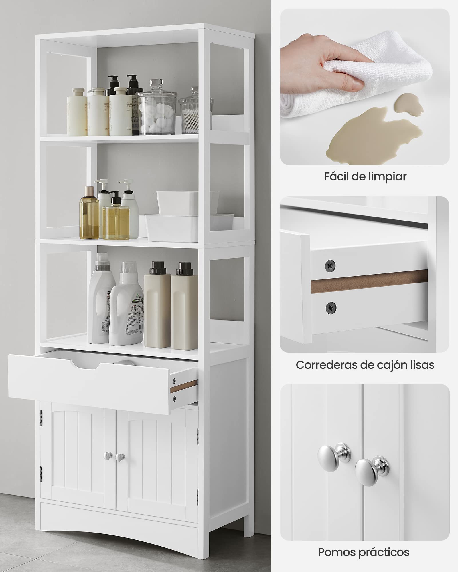 VASAGLE Armario de Baño, Armario Alto, Estantería Independiente, con 3 Estantes Abiertos, 1 Cajón Grande, 32,5 x 60 x 154 cm, para Sala de Estar, Cocina, Estudio, Blanco BBC67WT | Sofie BBC67WT - Estantería de baño multiusos (32,5 x 60 x 154 cm), color bl