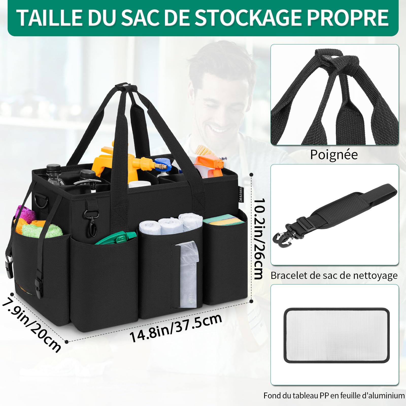 Sac de Nettoyage Portable, Sac Fourre-Tout de Nettoyage avec Poignée et Bretelle, Organiseur de Fournitures de Nettoyage avec Coussin Rigide et 4 Séparateurs pour Femme de Menage, Nettoyeur