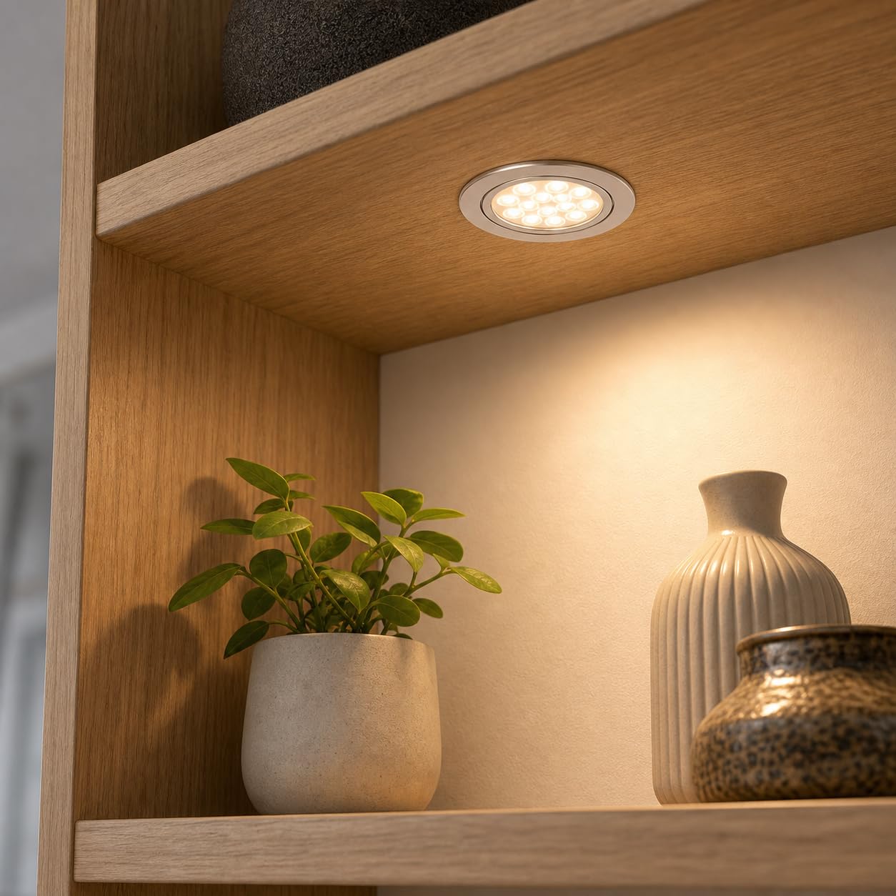 3er Set: Flache LED Einbauspots Alina, 3W, warmweiß (3000K), 200lm, 12V, mit 15W LED Trafo Satz. Für Wohnzimmer, Küche und Bad. Plug-and-Play-System, 20° schwenkbar, Farbe Edelstahl gebürstet.