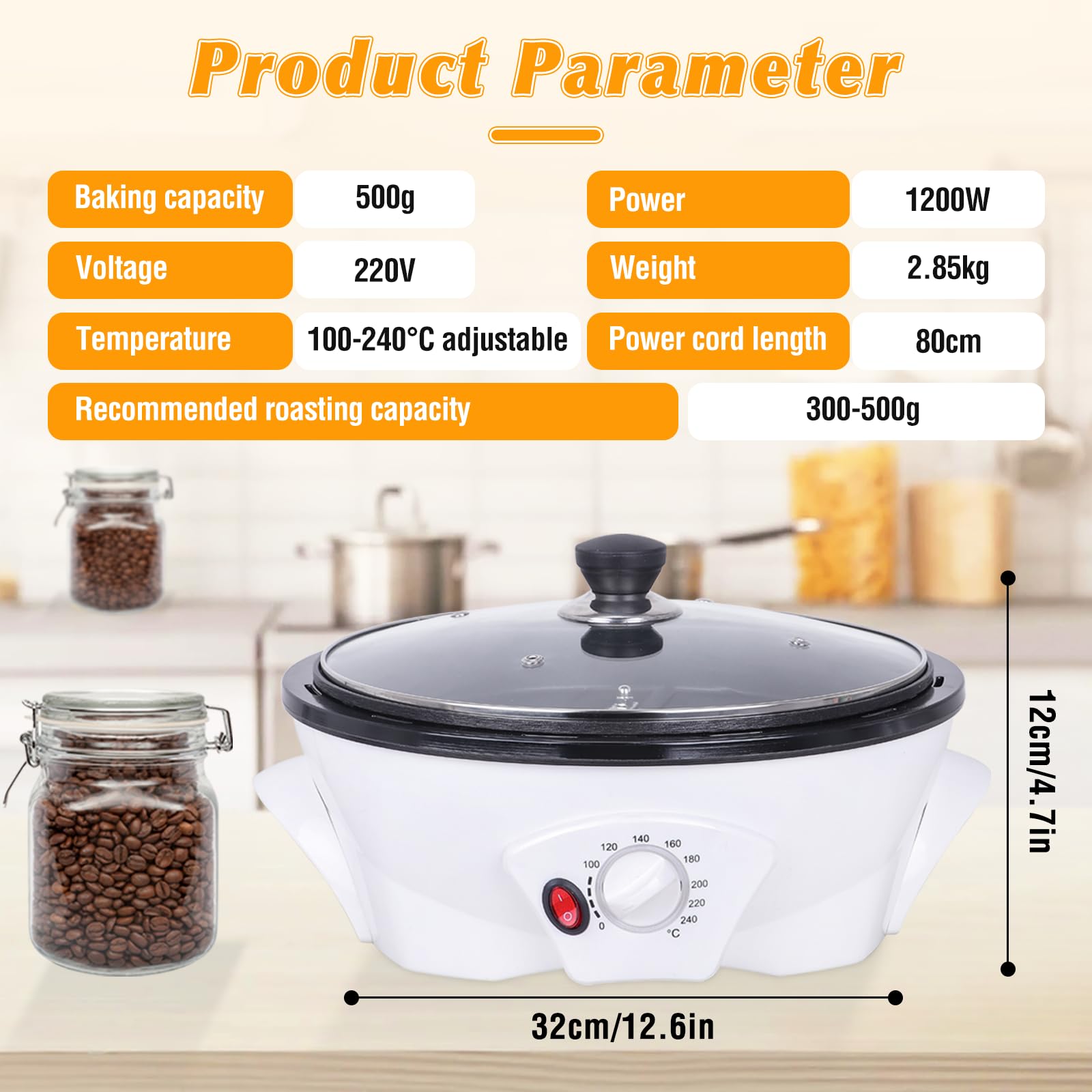 YUCHENGTECH Torréfacteur de Café 500g Torréfacteur de Grain de Café Machine à Torréfier le Café 0-240℃ Torrefacteur Cafe Grain avec Minuterie 1200W