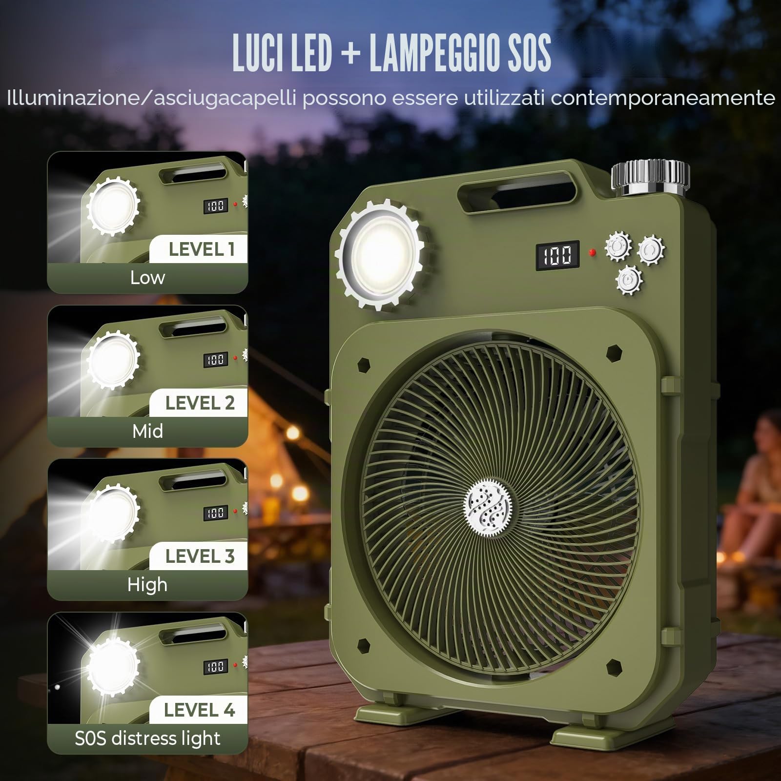 Ventilatore Campeggio con 4 Modalità di Illuminazione | Grande Batteria, Oscillazione Automatica, 100Velocità, Telecomando, Timer da 12 ore, Display Intelligente, Tenda, Viaggio