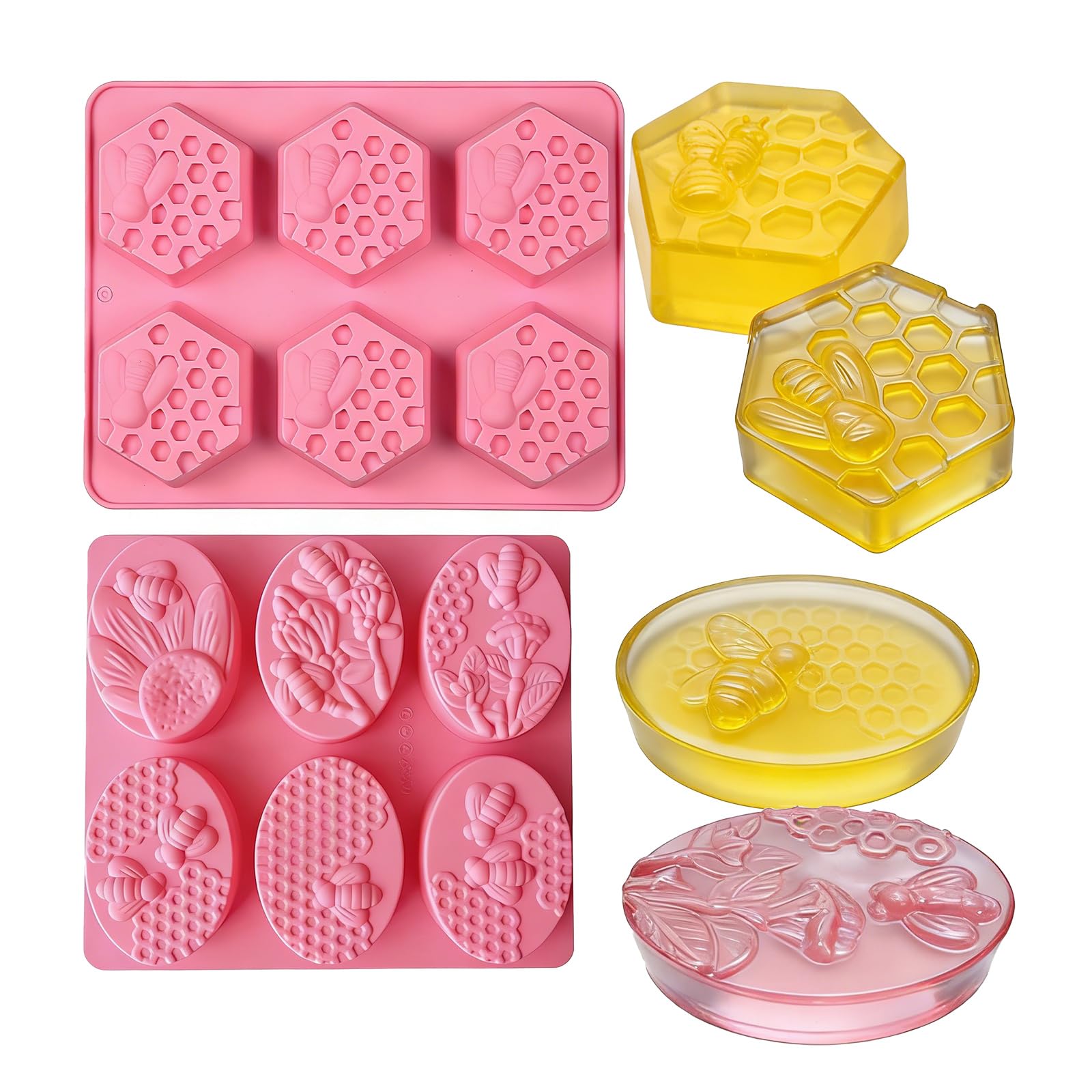 2Pcs Silicone Moulds 6 Cavities Honeycomb Bee Soap Moulds for Soap Making,Candle Moulds,Jelly Mousse Pudding Cupcake Moulds, Pink